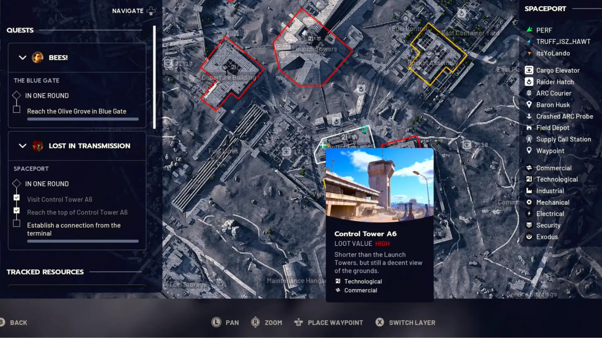 ARC Raiders Spaceport map highlighting Control Tower A6 for Lost in Transmission mission
