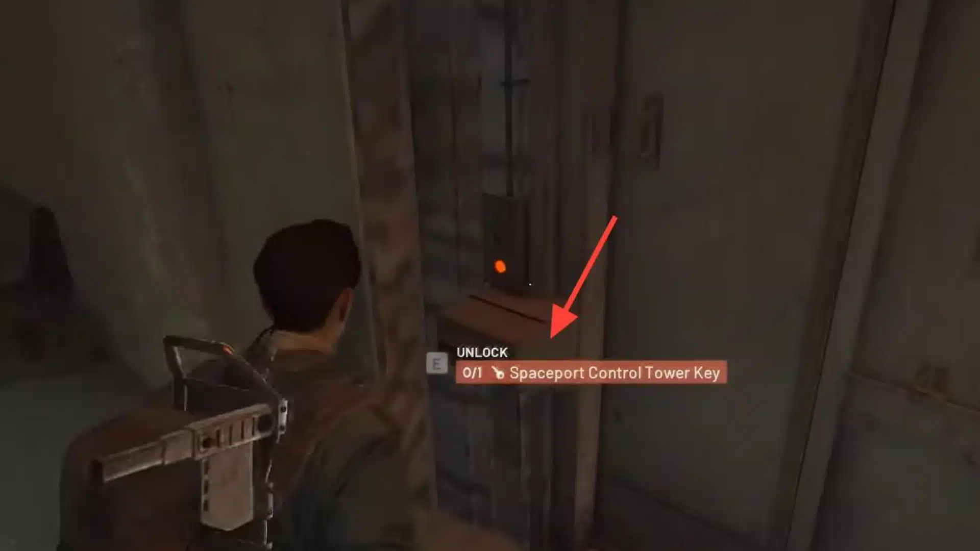 Raider using the Spaceport Control Tower Key to unlock the door inside Control Tower A6