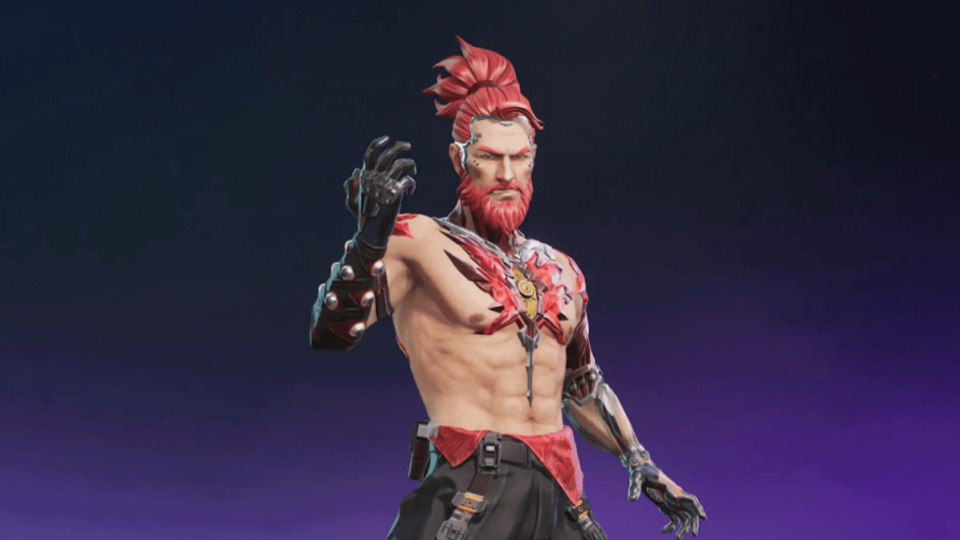 Corona character from FragPunk with red hair, red beard, cybernetic arms, and red chest armor