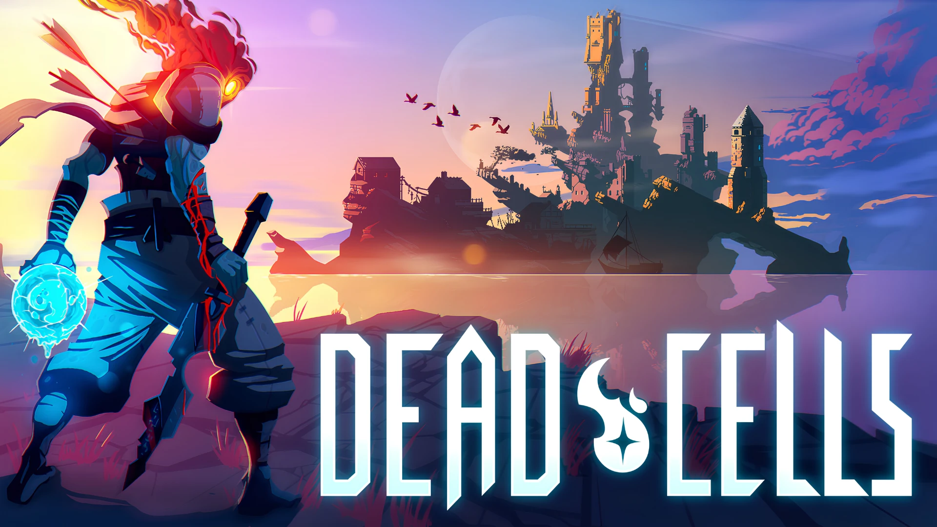 the beheaded warrior overlooks a glowing ruined island beside the bold dead cells game title