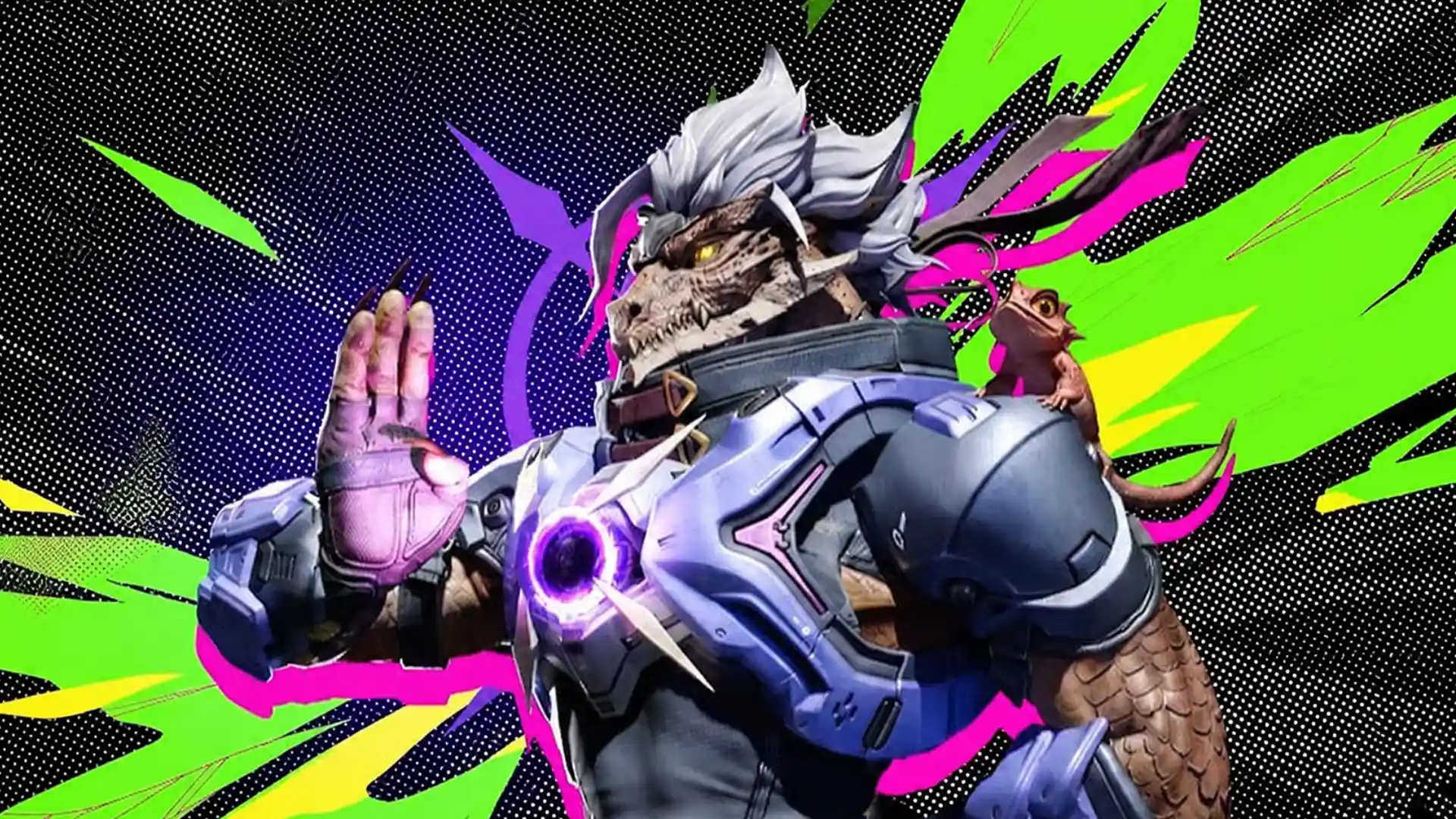 Dex lancer posing with a small companion against a vivid neon backdrop