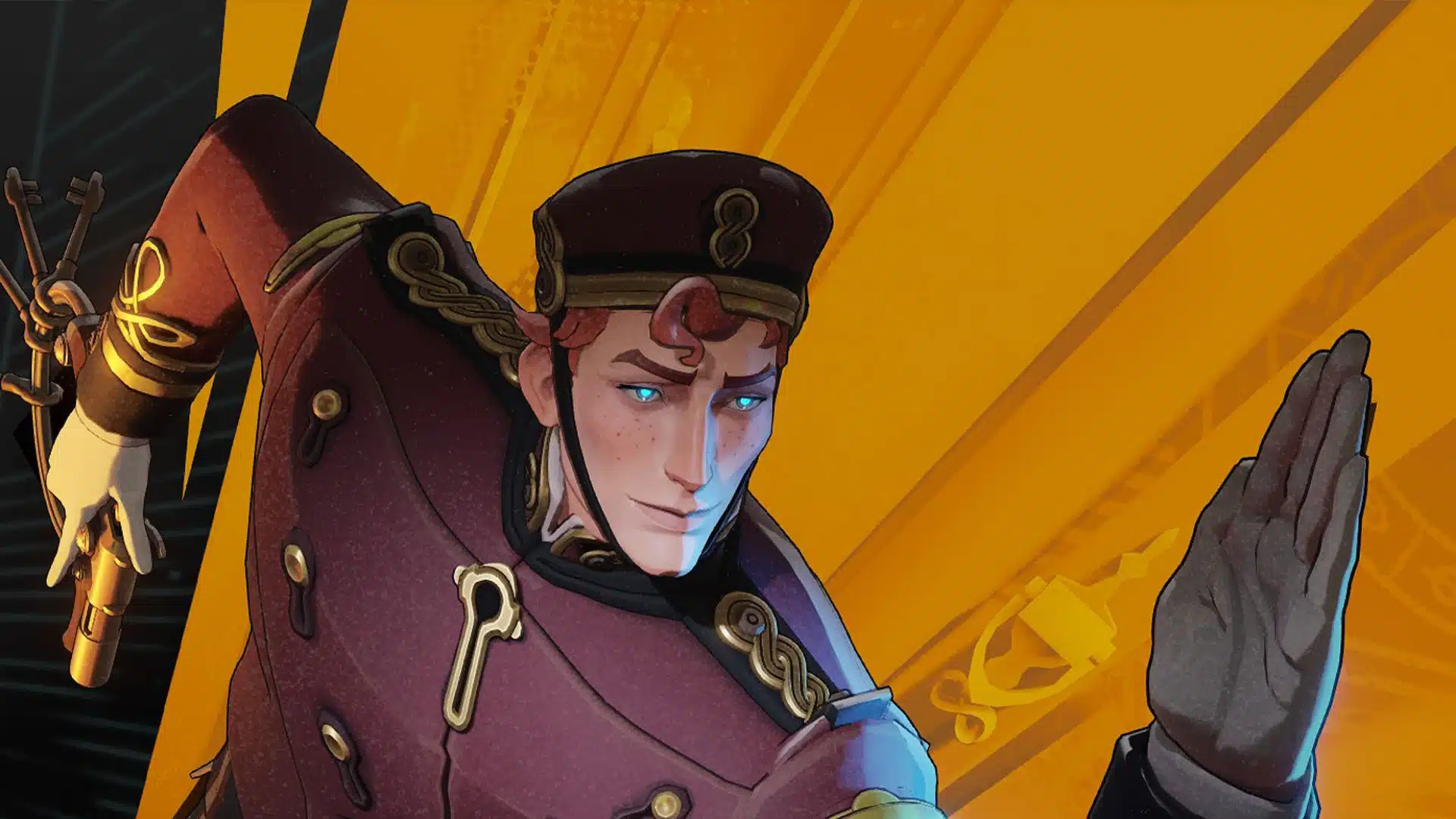 Glowing-eyed officer in a maroon uniform posing against a bold orange background