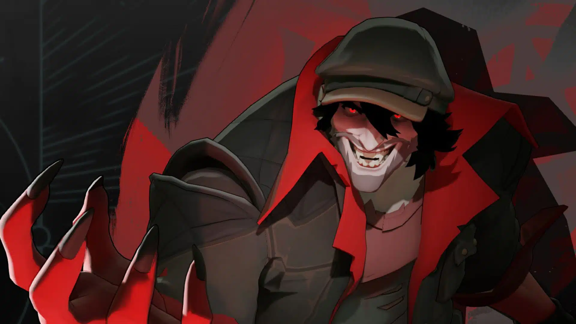 Red-eyed grinning character in a dark cap and coat reaching forward against red artwork