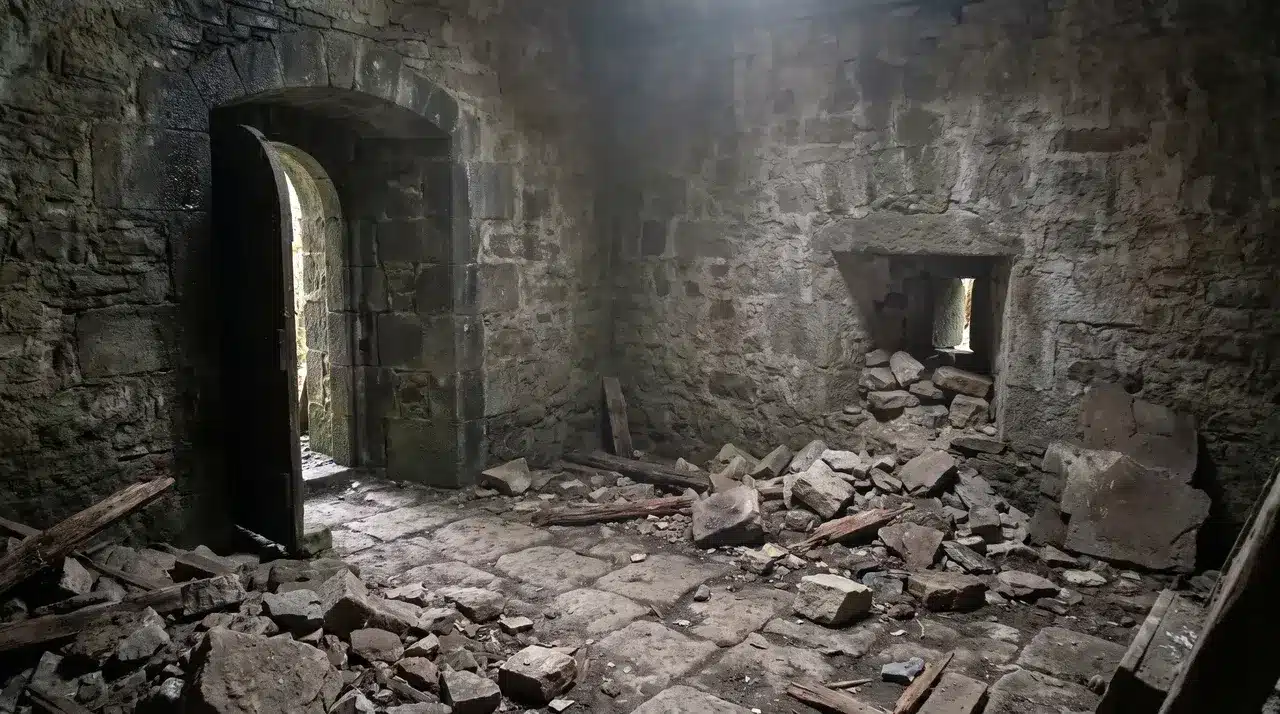 Room with a direct open doorway and a concealed vent opening behind rubble