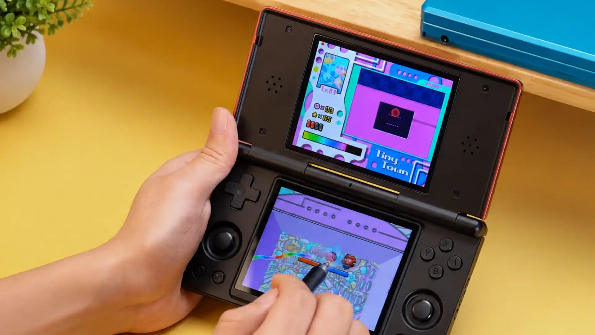 Player uses a dual-screen handheld console with a stylus for colorful retro gaming