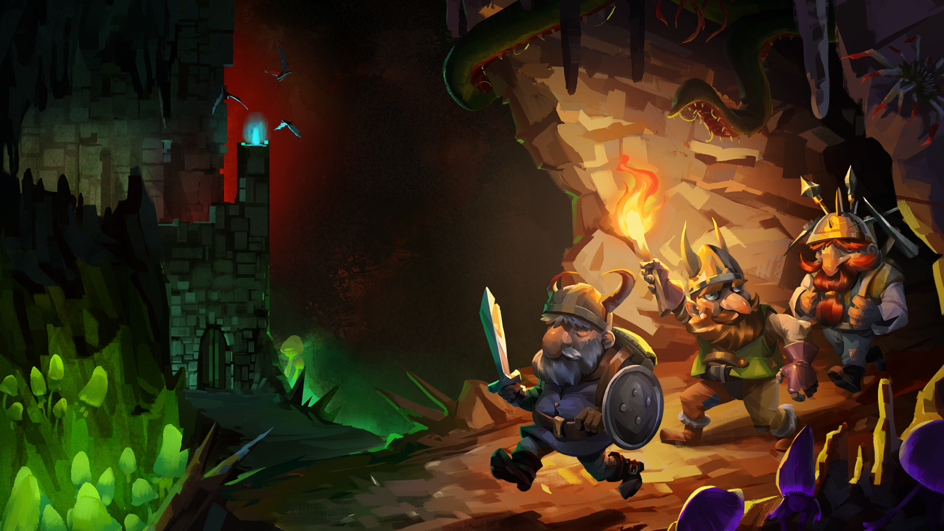 Dwarf fortress adventurers carrying weapons through a glowing underground cavern