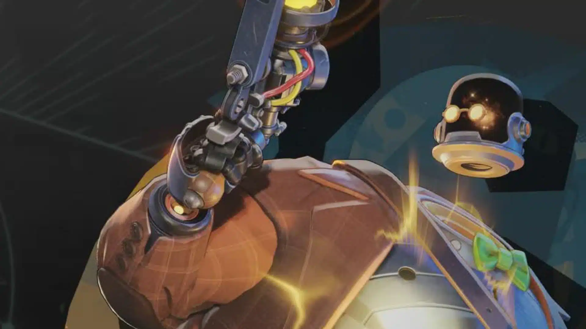 Floating robotic character in a brown suit holding a mechanical arm with glowing lights