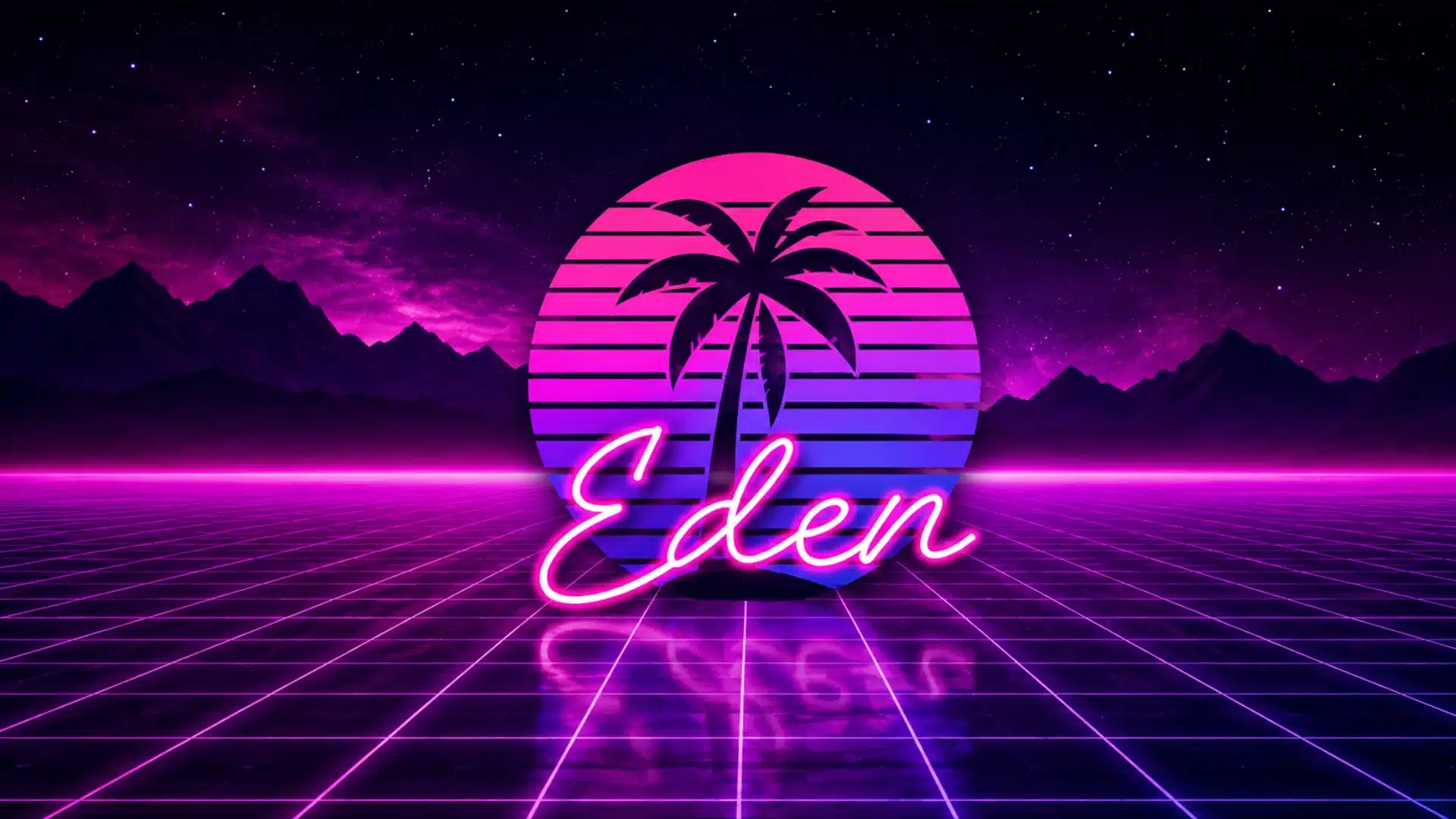 Neon Eden emulator logo glowing over a retro purple grid with dark mountains at night