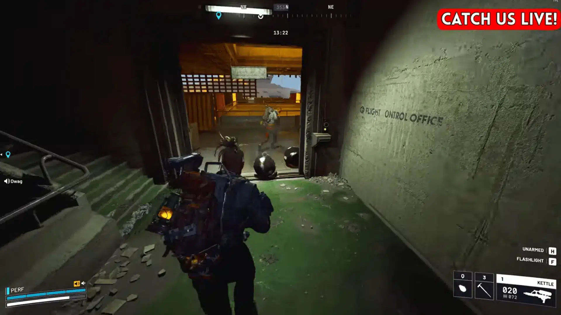 Raider entering the flight control office while following the route through Control Tower A6.
