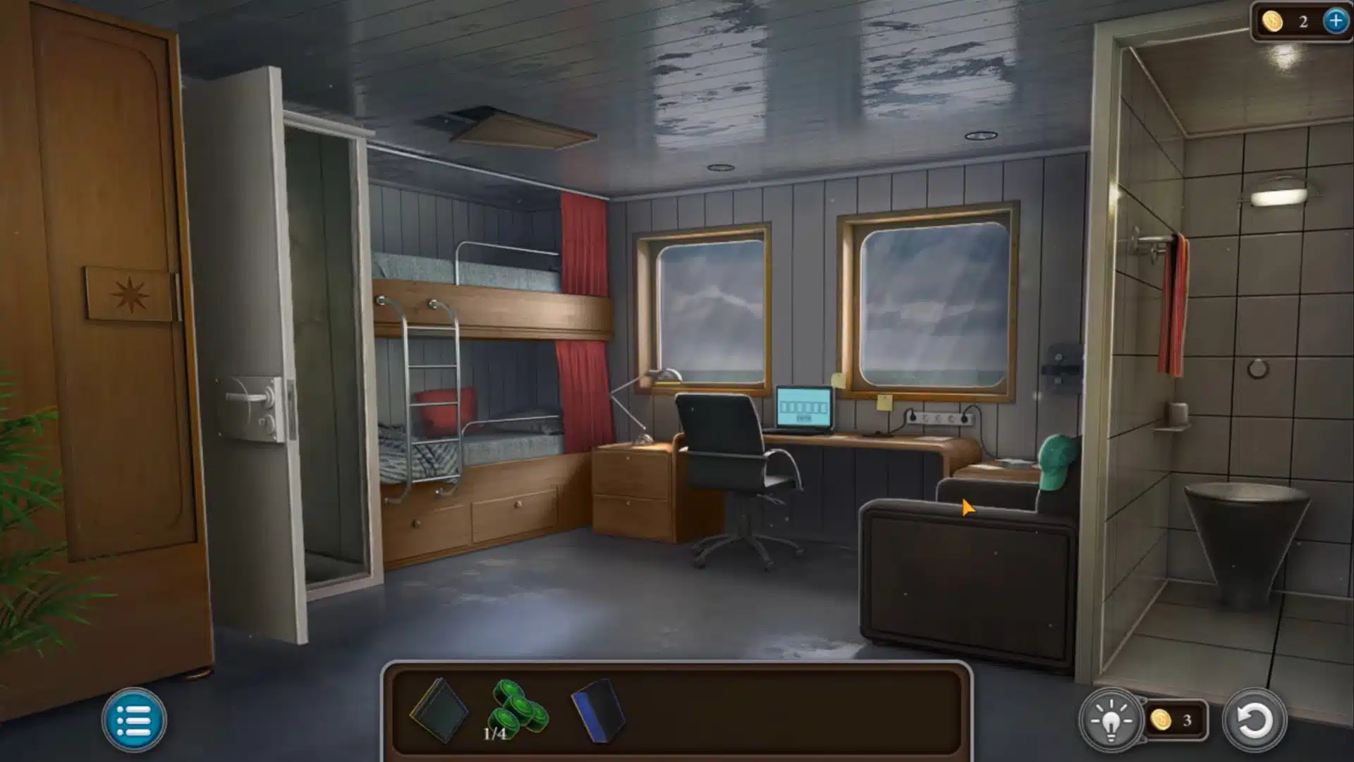 A ship cabin interior featuring bunk beds, a desk setup with laptop, and an attached bathroom.