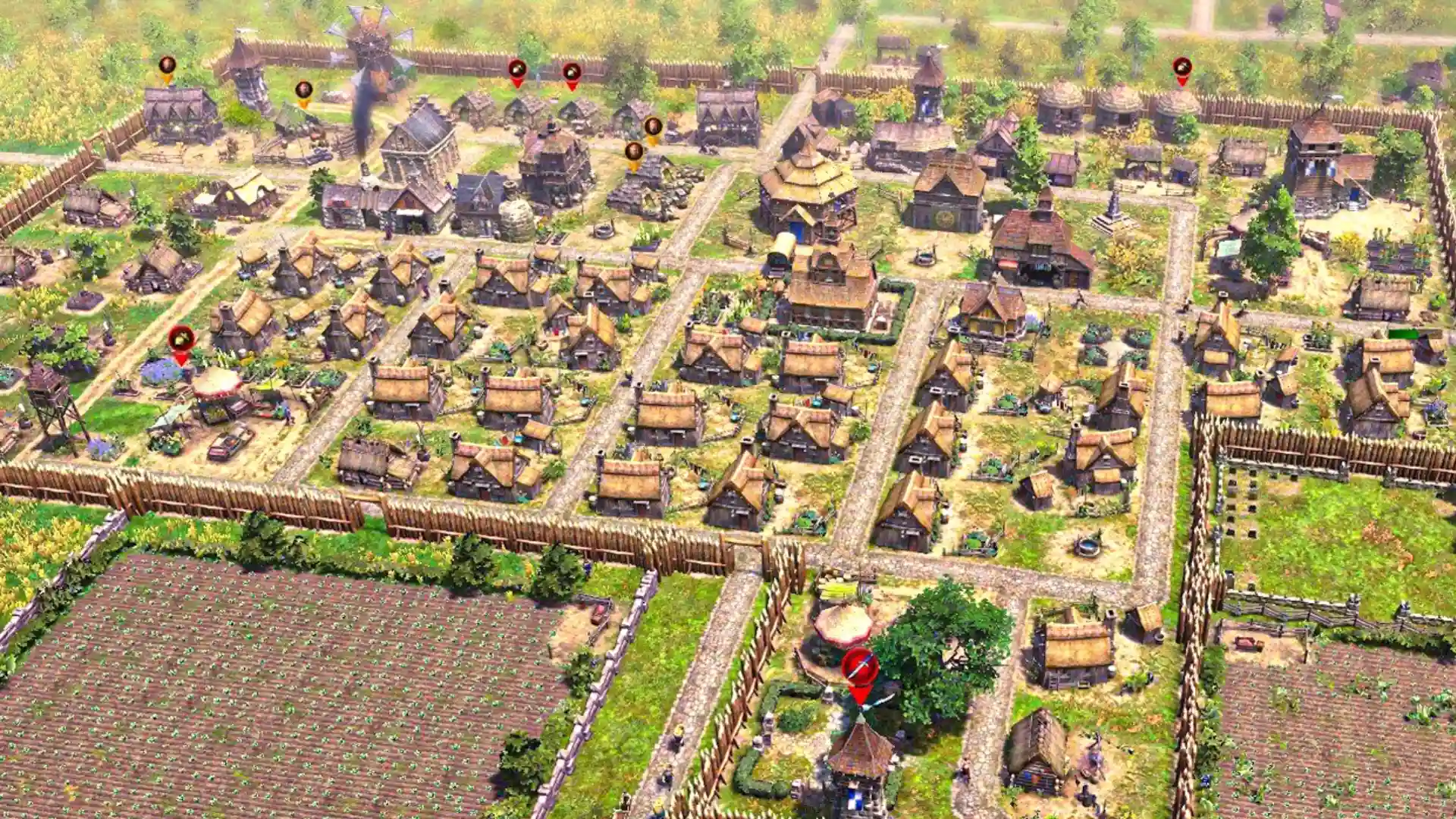 Farthest frontier medieval settlement with farms roads houses and defensive walls
