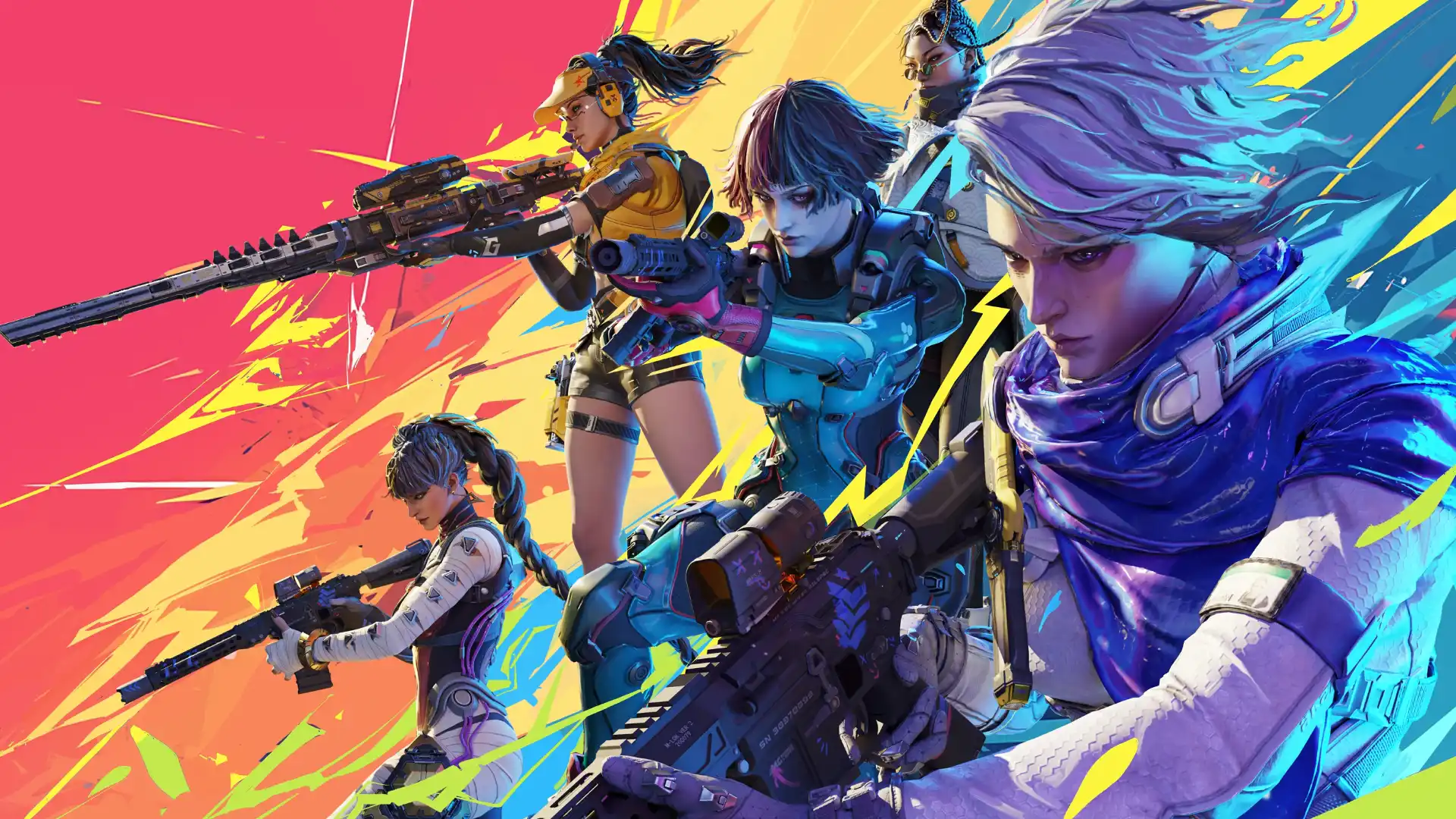 FragPunk Lancers pose with futuristic weapons against a bright colorful background