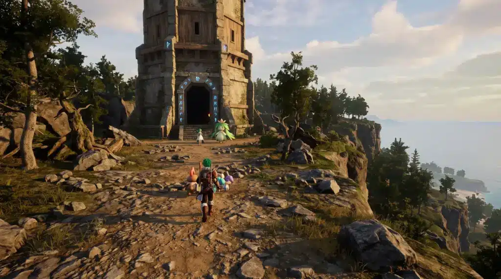 Player approaching the Free Pal Alliance Tower where Lily and Lyleen wait in Palworld.
