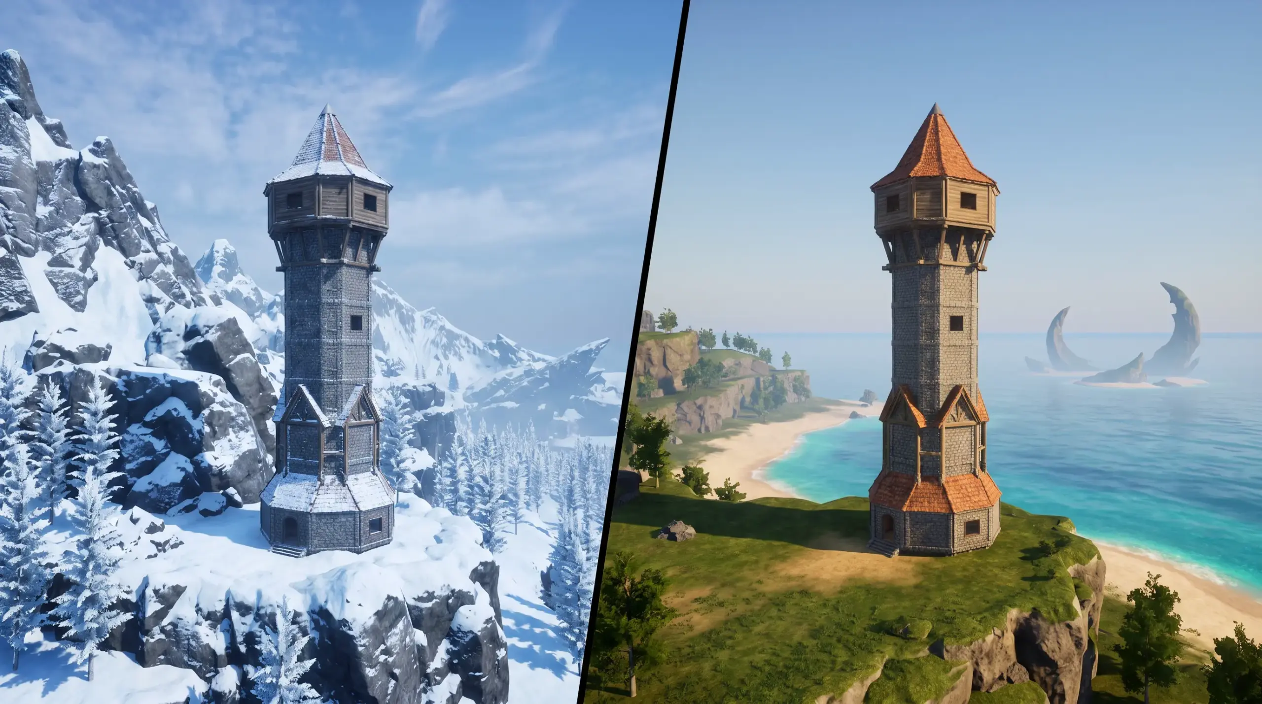 Free Pal Alliance Tower shown in snowy Frostbound Mountains and its current Crescent Moon Shore setting.