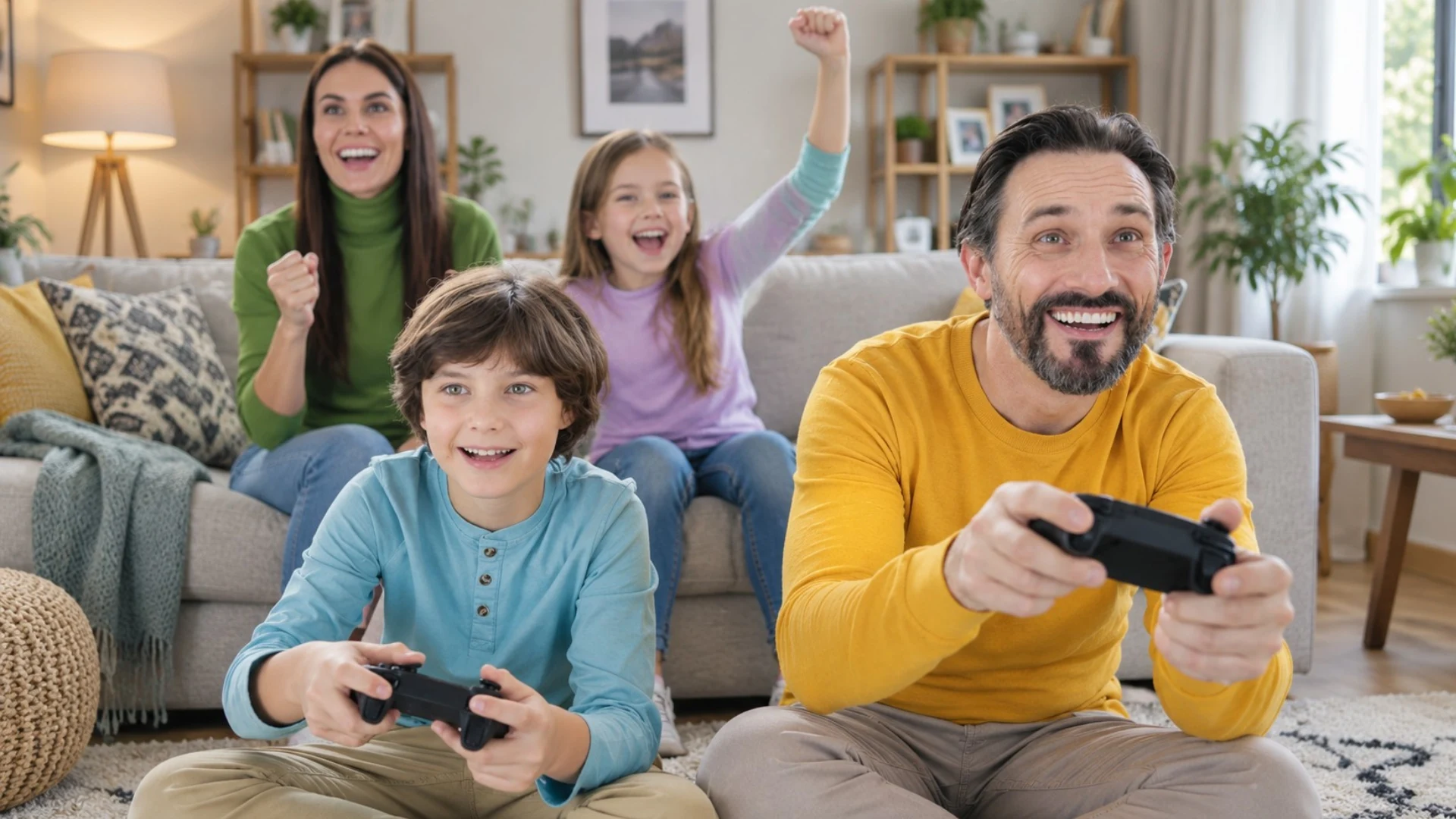 Fun games to play with family as parents and kids enjoy video games together at home