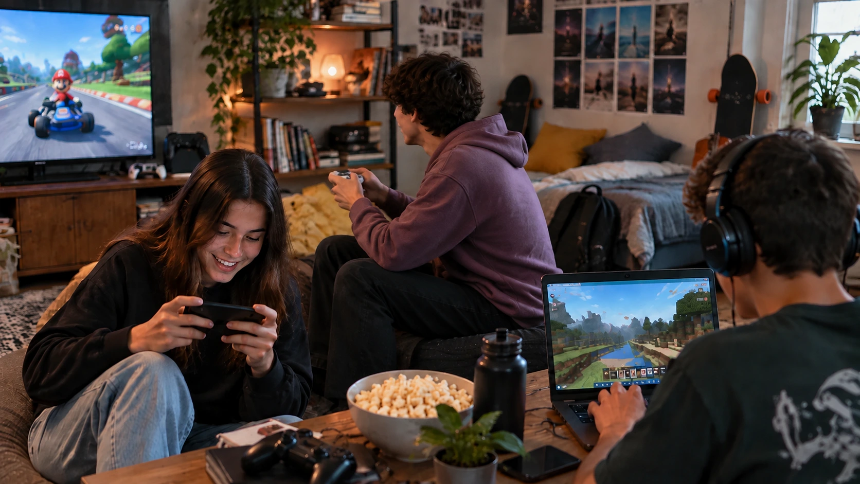 teens playing digital games together in room with phone console controller and laptop during gaming session