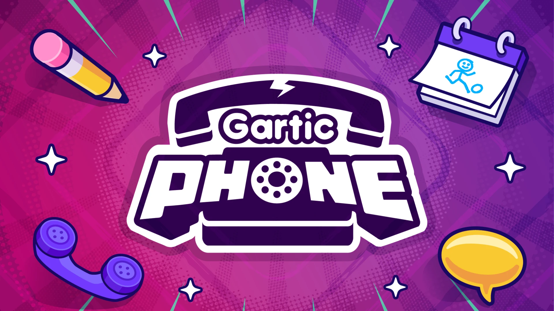 Gartic Phone game logo with pencil phone notepad and speech bubble on purple background