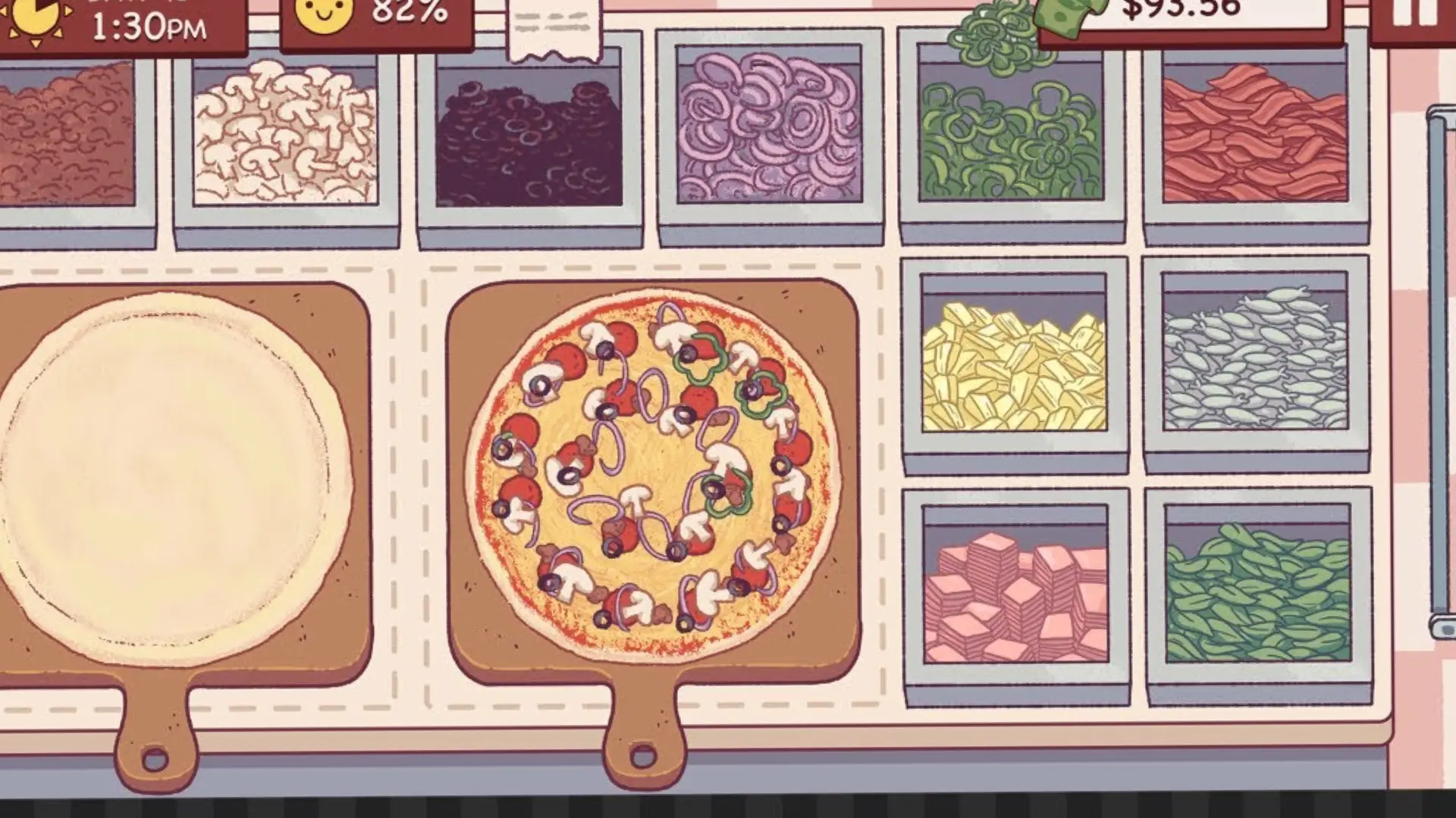 Good Pizza, Great Pizza showing a pizza-making game with ingredients and a restaurant management screen with fun