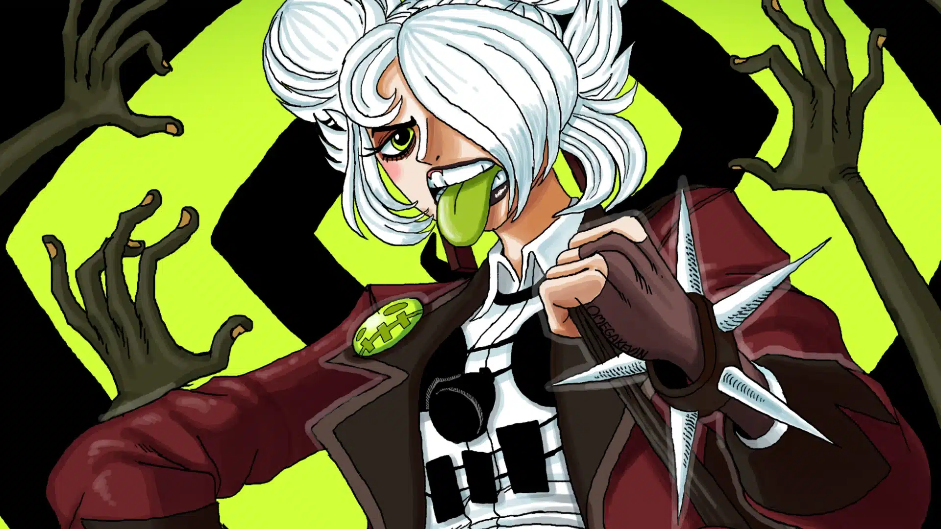 White-haired punk character in a red jacket posing against a bright green background