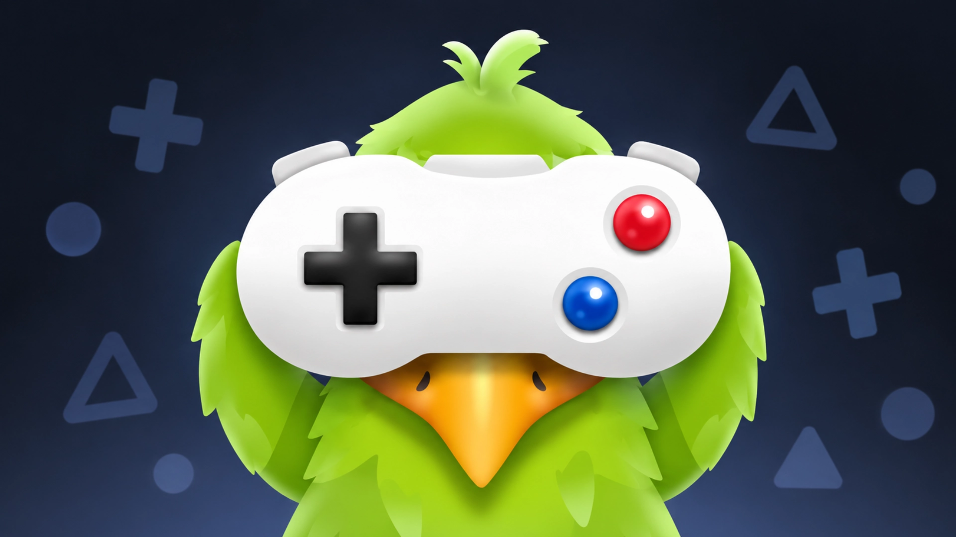 Green gaming bird holding a white controller on a dark blue background with game icons