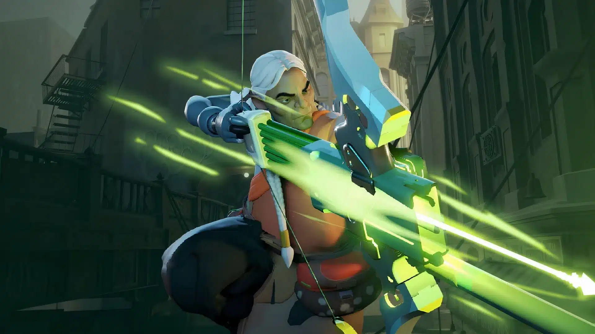 White-haired archer firing a glowing green energy bow through a shadowy city street
