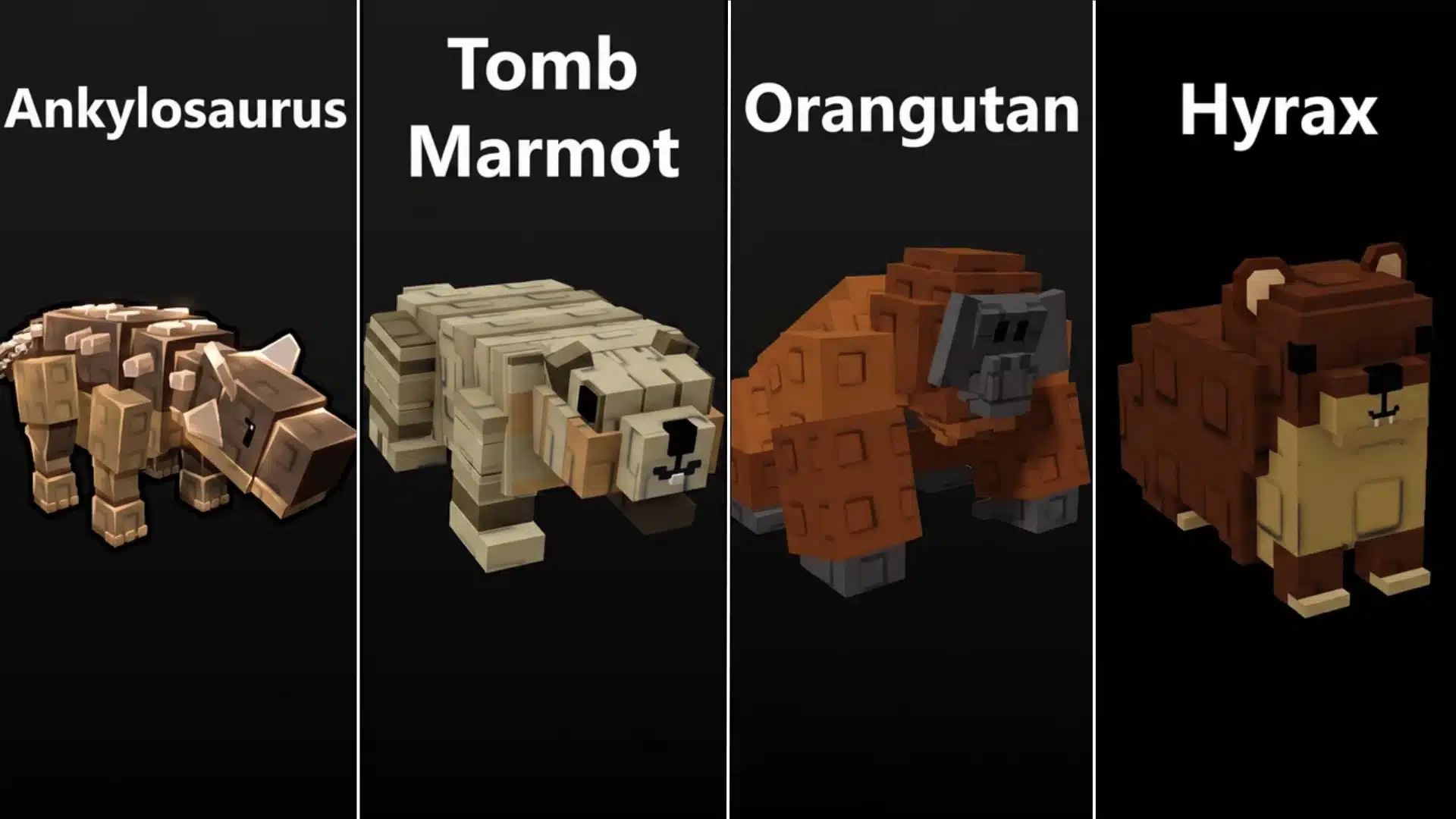 Ankylosaurus, Tomb Marmot, Orangutan, and Hyrax pets from Grow a Garden on a black background.