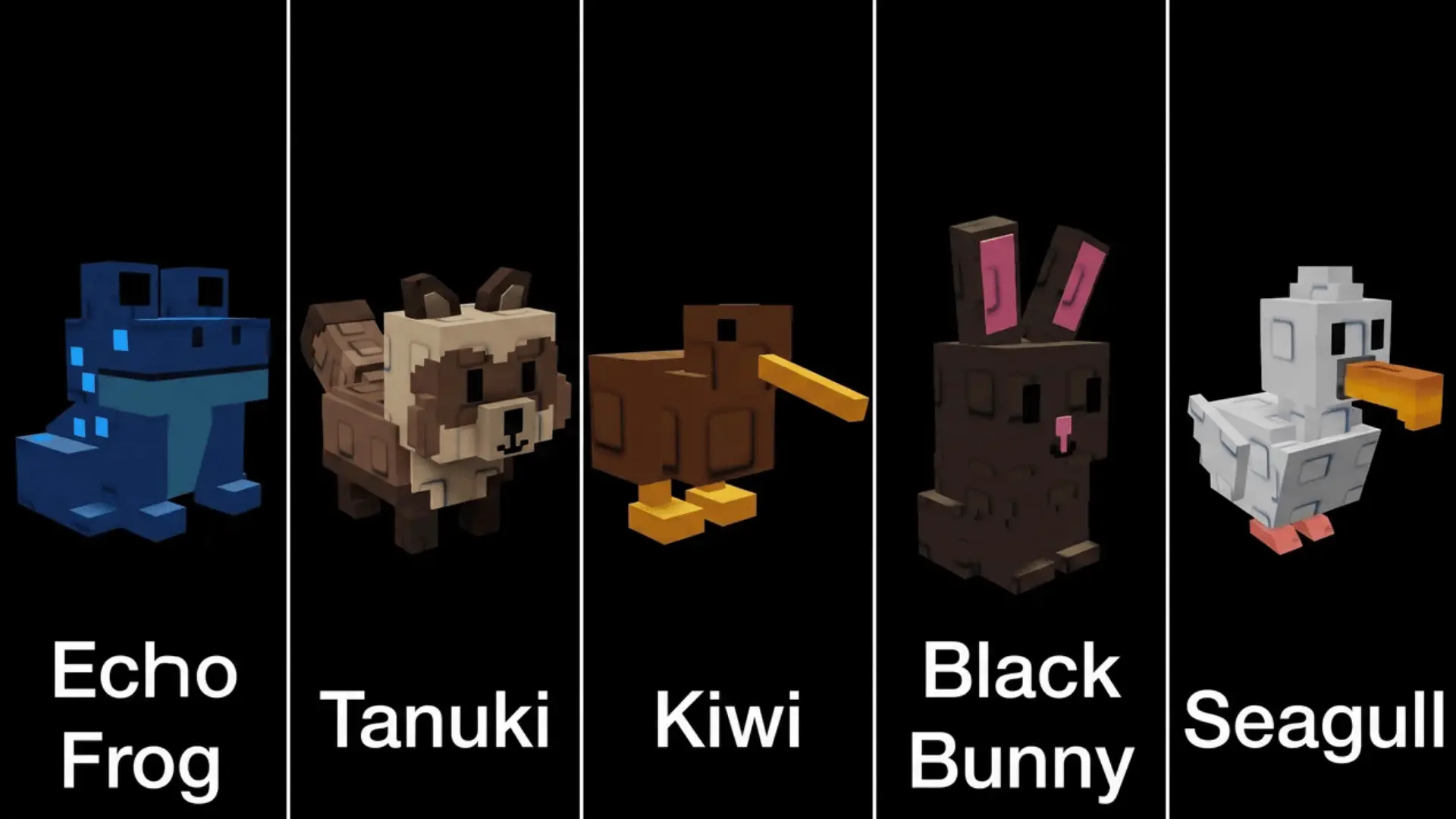 Echo Frog, Tanuki, Kiwi, Black Bunny, and Seagull pets from Grow a Garden on a black background.
