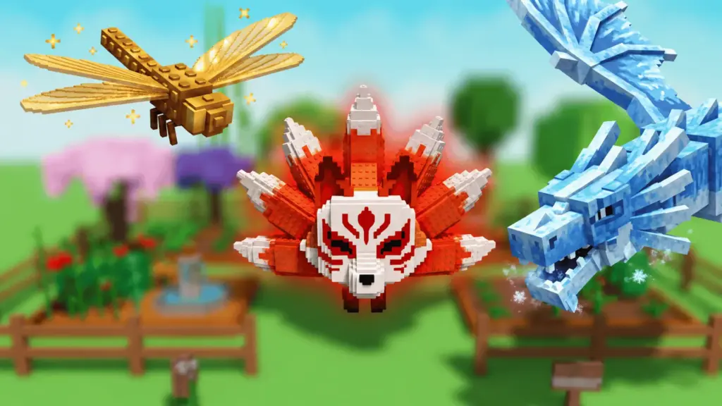 Golden dragonfly, red Kitsune, and ice dragon pets floating over a blurred Grow a Garden farm.