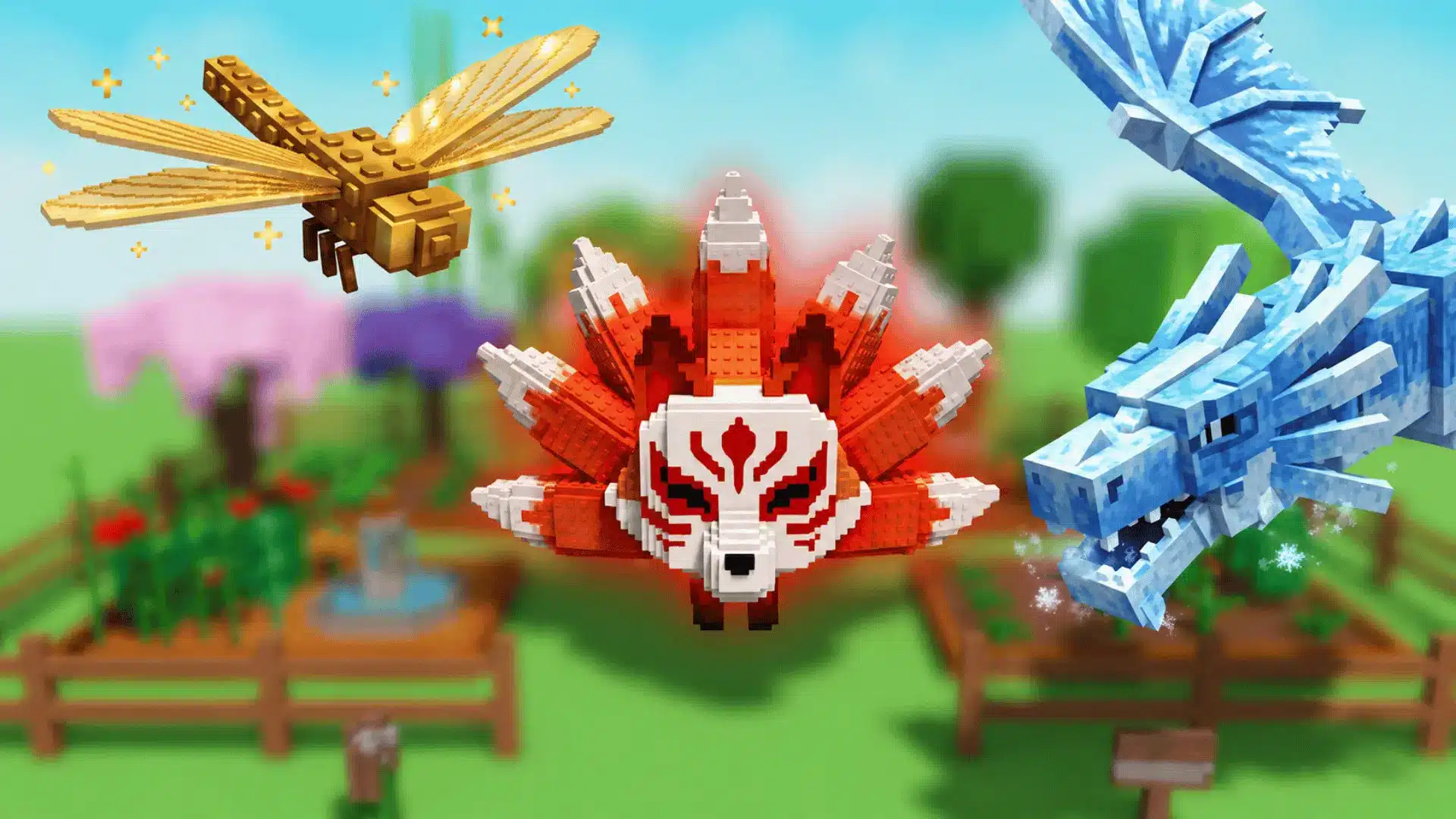 Golden dragonfly, red Kitsune, and ice dragon pets floating over a blurred Grow a Garden farm.