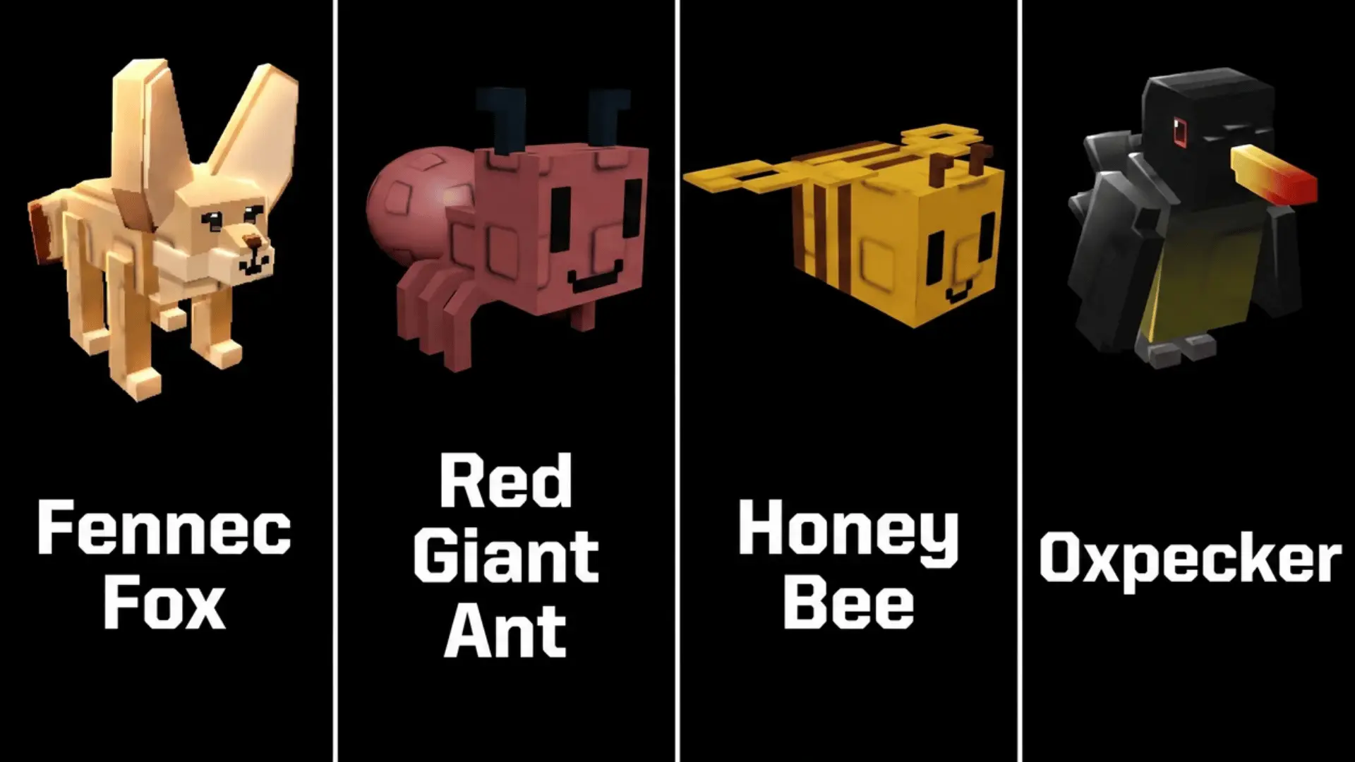 Fennec Fox, Red Giant Ant, Honey Bee, and Oxpecker pets from Grow a Garden on a black background.