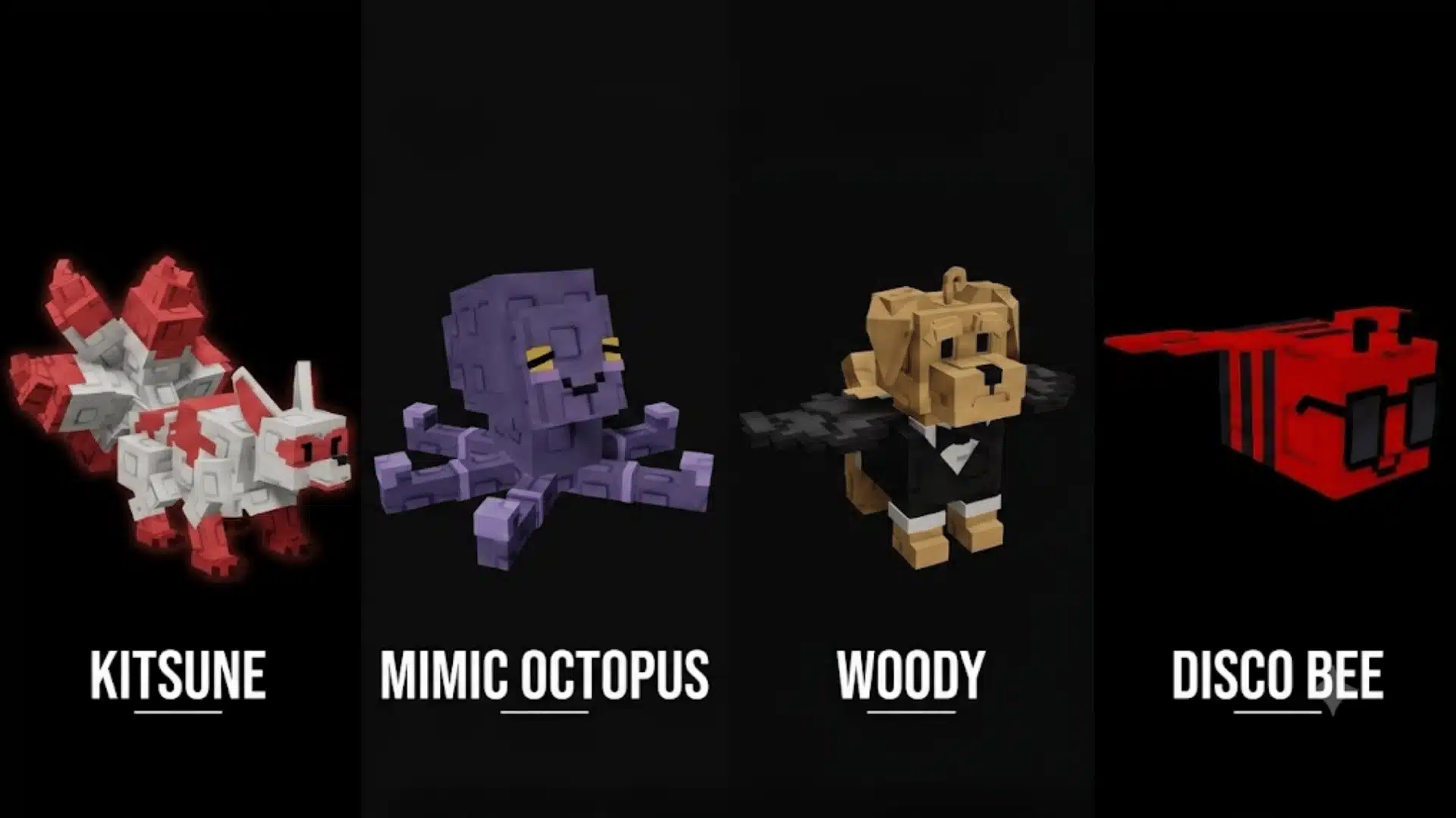 Four Grow a Garden pets: Kitsune, Mimic Octopus, Woody, and Disco Bee on a black background.