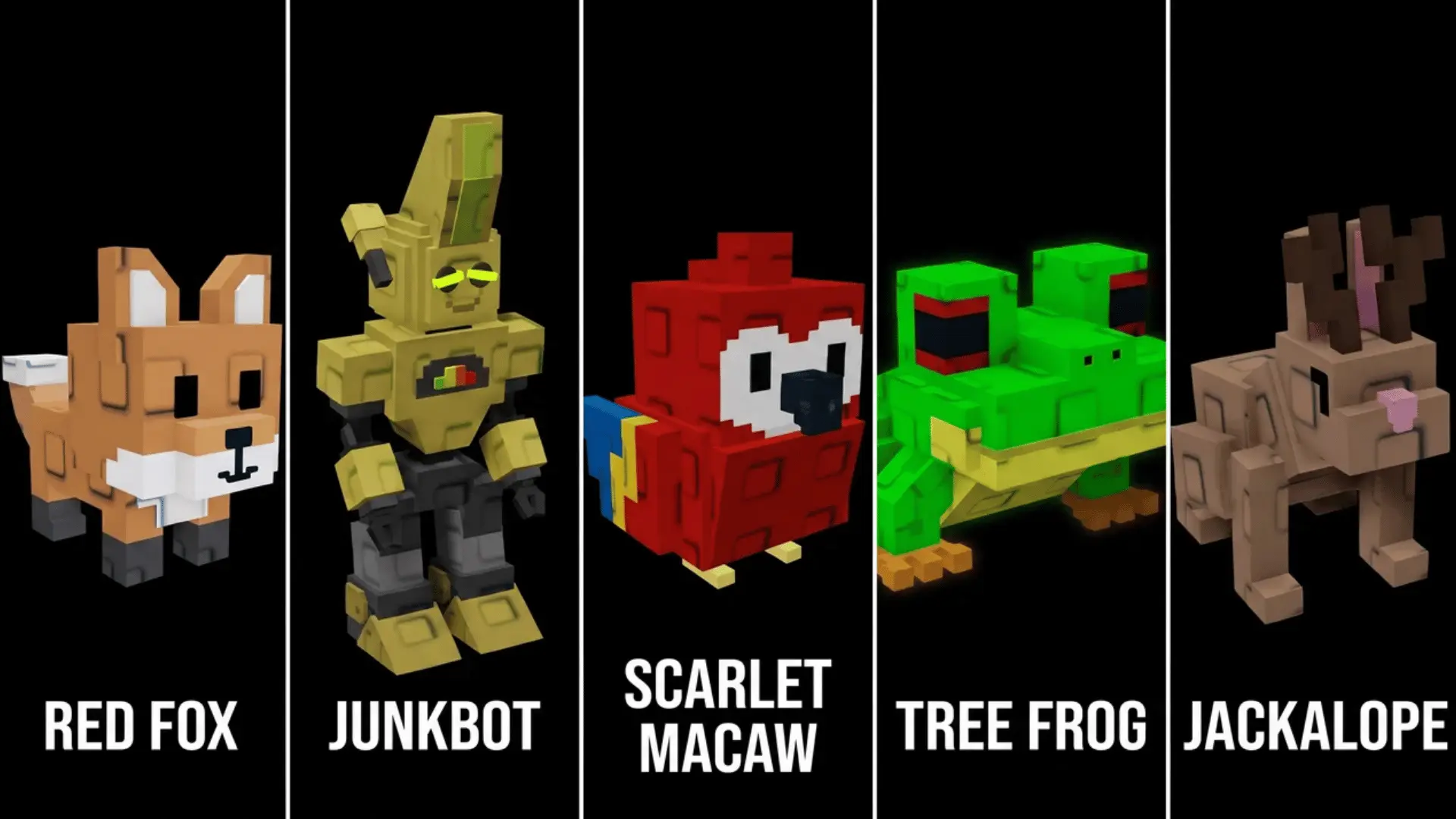 Red Fox, Junkbot, Scarlet Macaw, Tree Frog, and Jackalope pets from Grow a Garden on a black background.