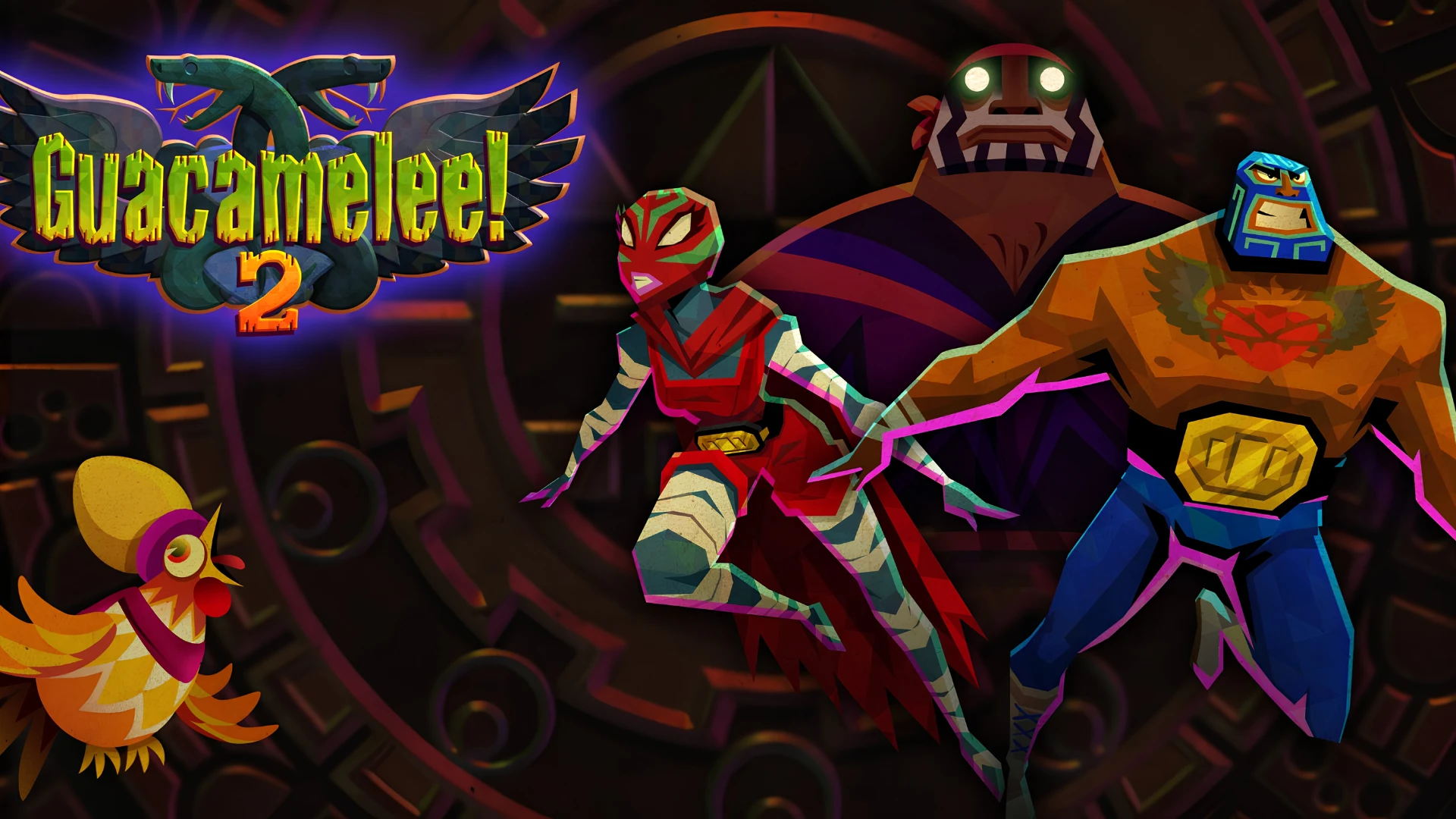 a bold colorful luchador punches forward beside the guacamelee two logo and masked characters