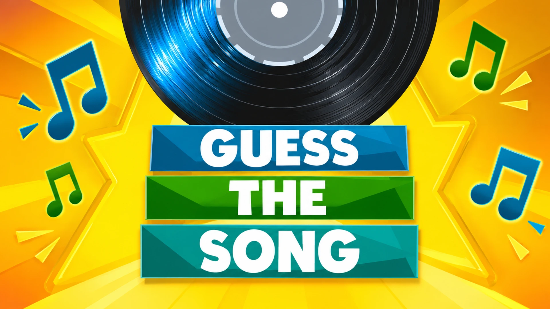 Guess the Song game graphic with a vinyl record music notes and bright yellow background