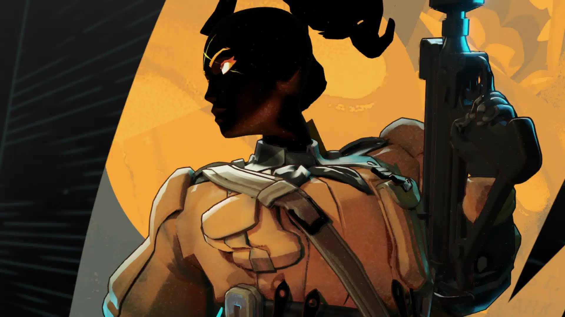 Haze assassin holding firearms against a bold orange and black character backdrop