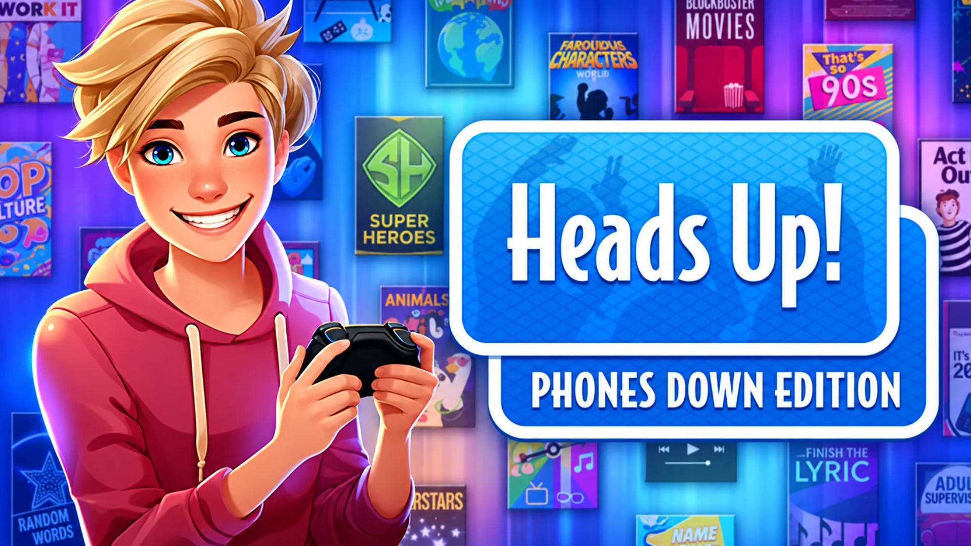 Heads Up game character holding controller beside phones down edition title screen