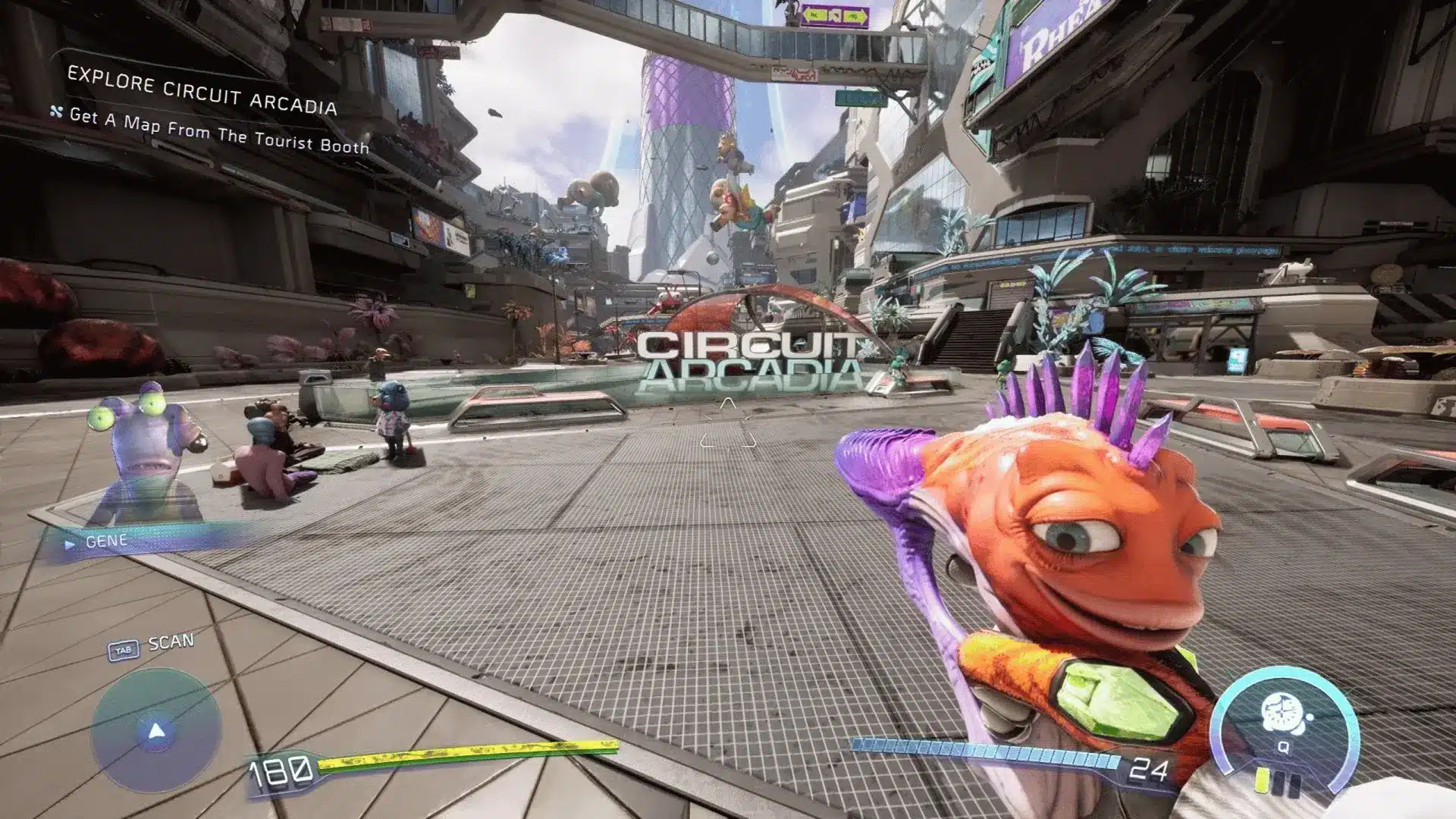 High on Life 2 player exploring Circuit Arcadia with alien city environment