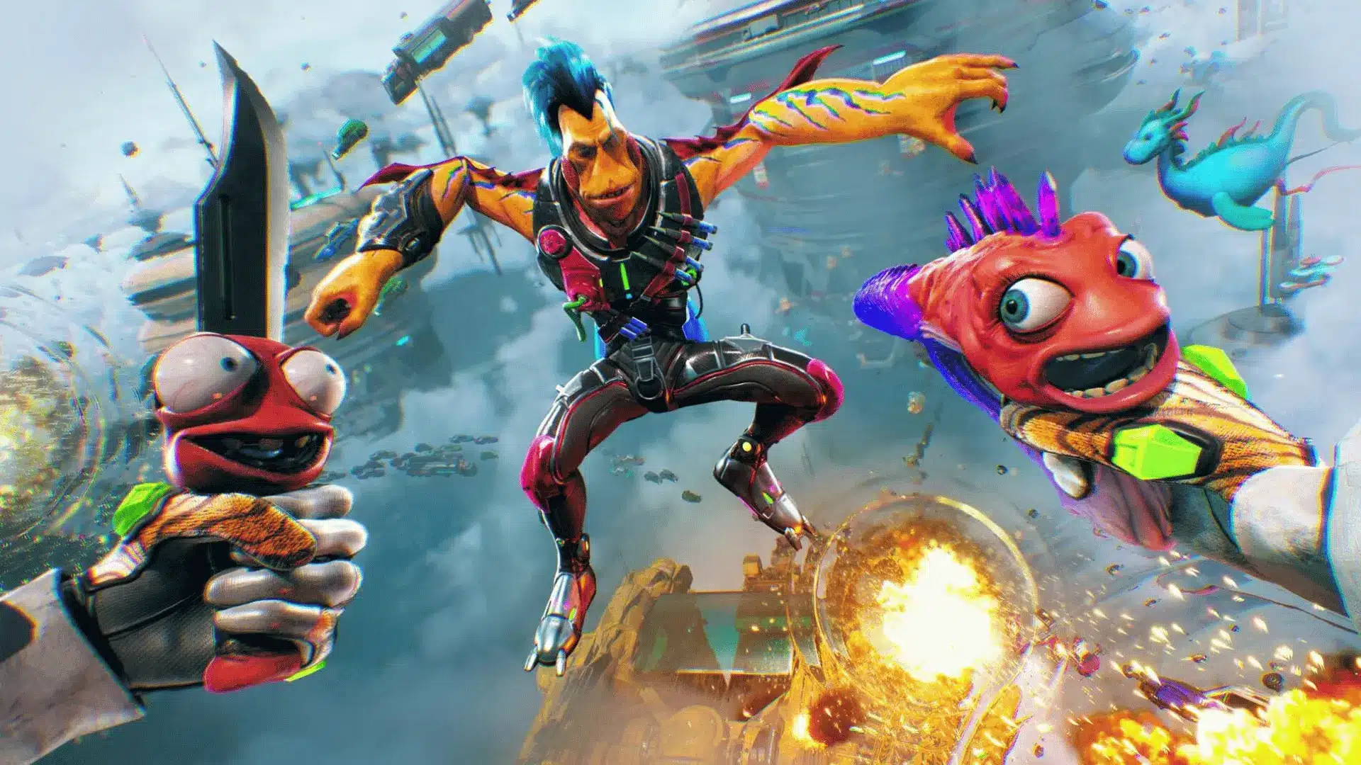 High on Life 2 characters holding talking weapons during a combat scene