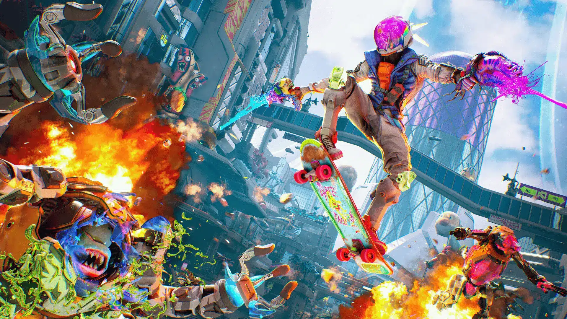 High on Life 2 character riding a skateboard during a chaotic alien combat scene