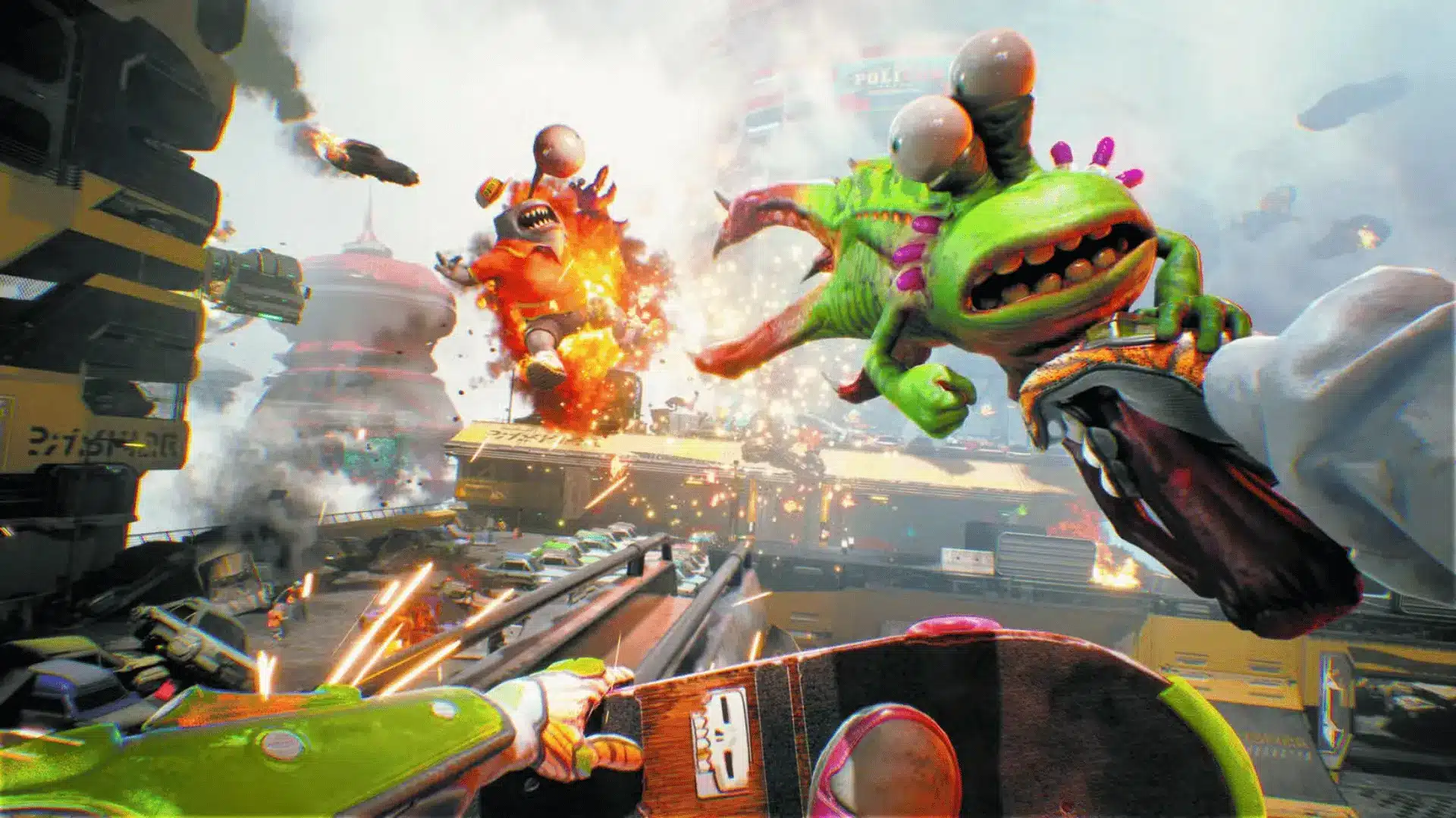 High on Life 2 character riding a skateboard through a futuristic city environment