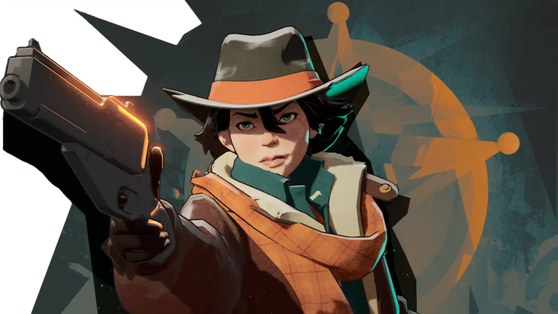Cowboy-styled fighter aiming a large handgun against a dark teal and orange backdrop