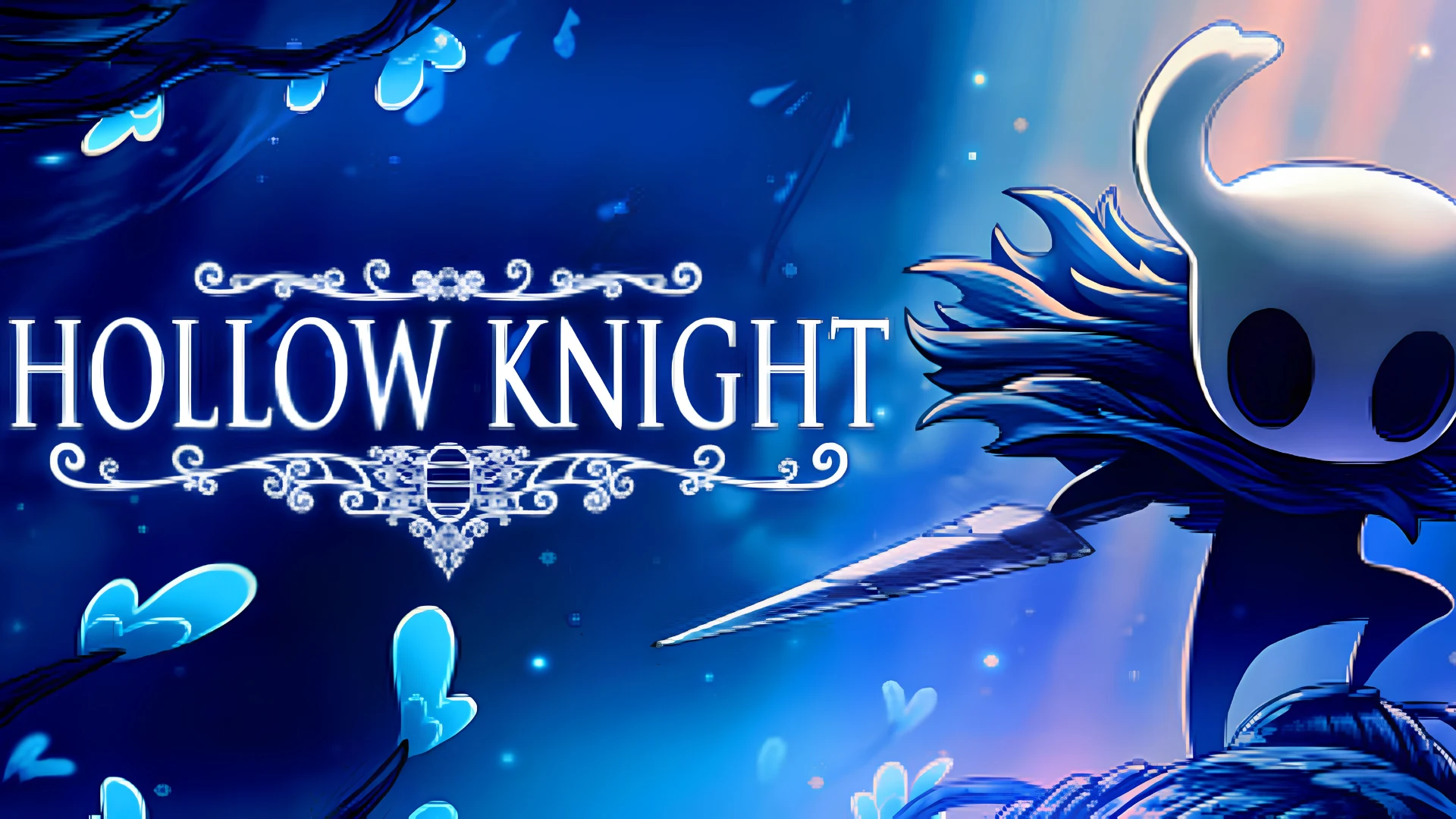 the knight stands in a glowing blue cavern surrounded by mask shadows and forgotten ancient ruins
