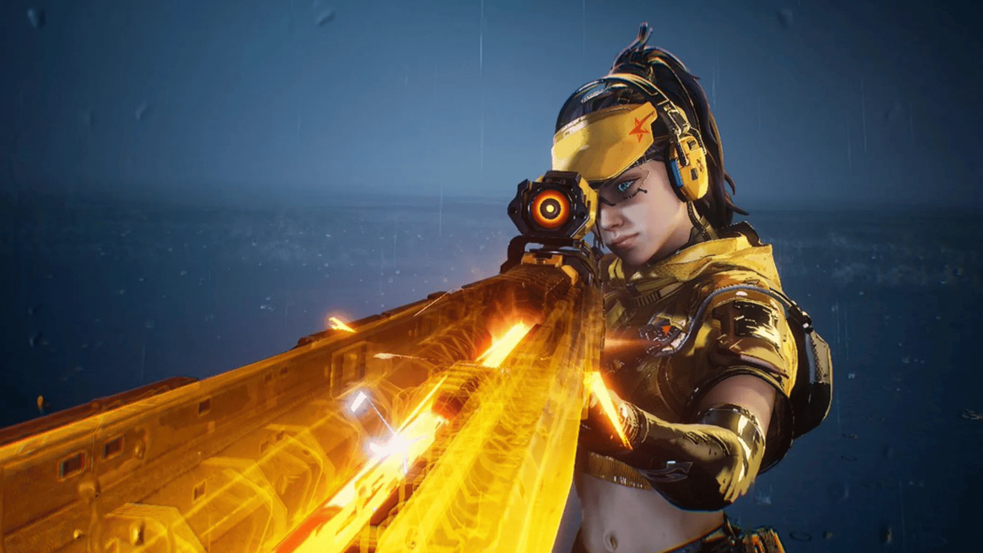 Hollowpoint character from FragPunk aiming a glowing yellow rifle while wearing a visor and headset