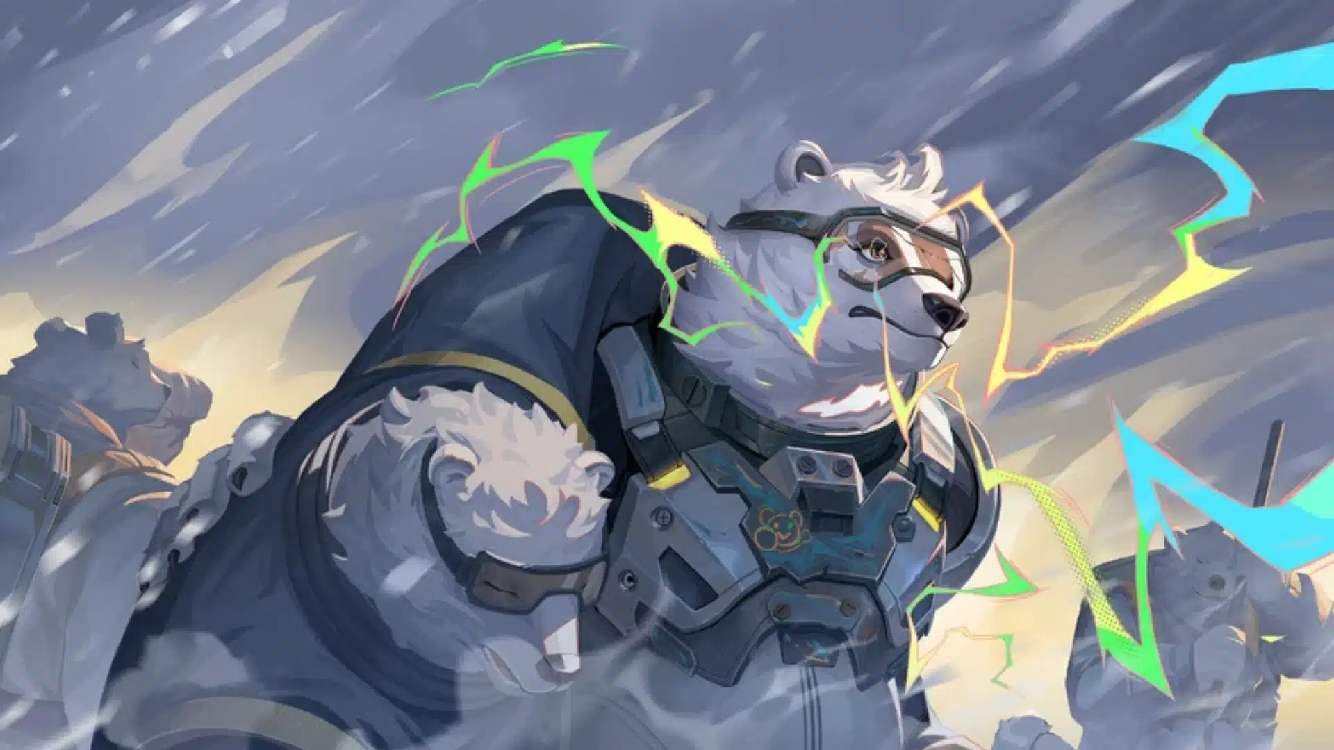 Hurricane lancer standing in a storm with neon energy effects around him