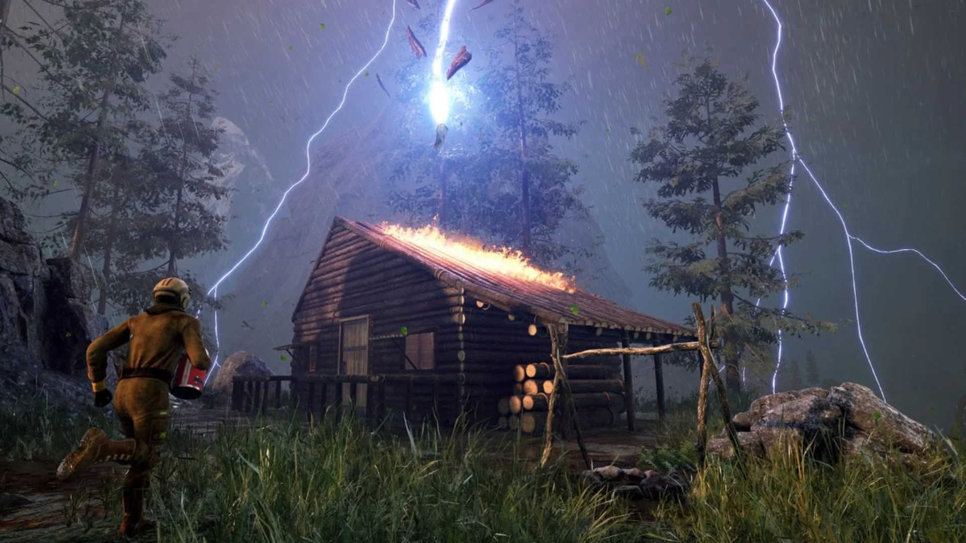 Icarus survivor running toward a burning log cabin during a violent lightning storm
