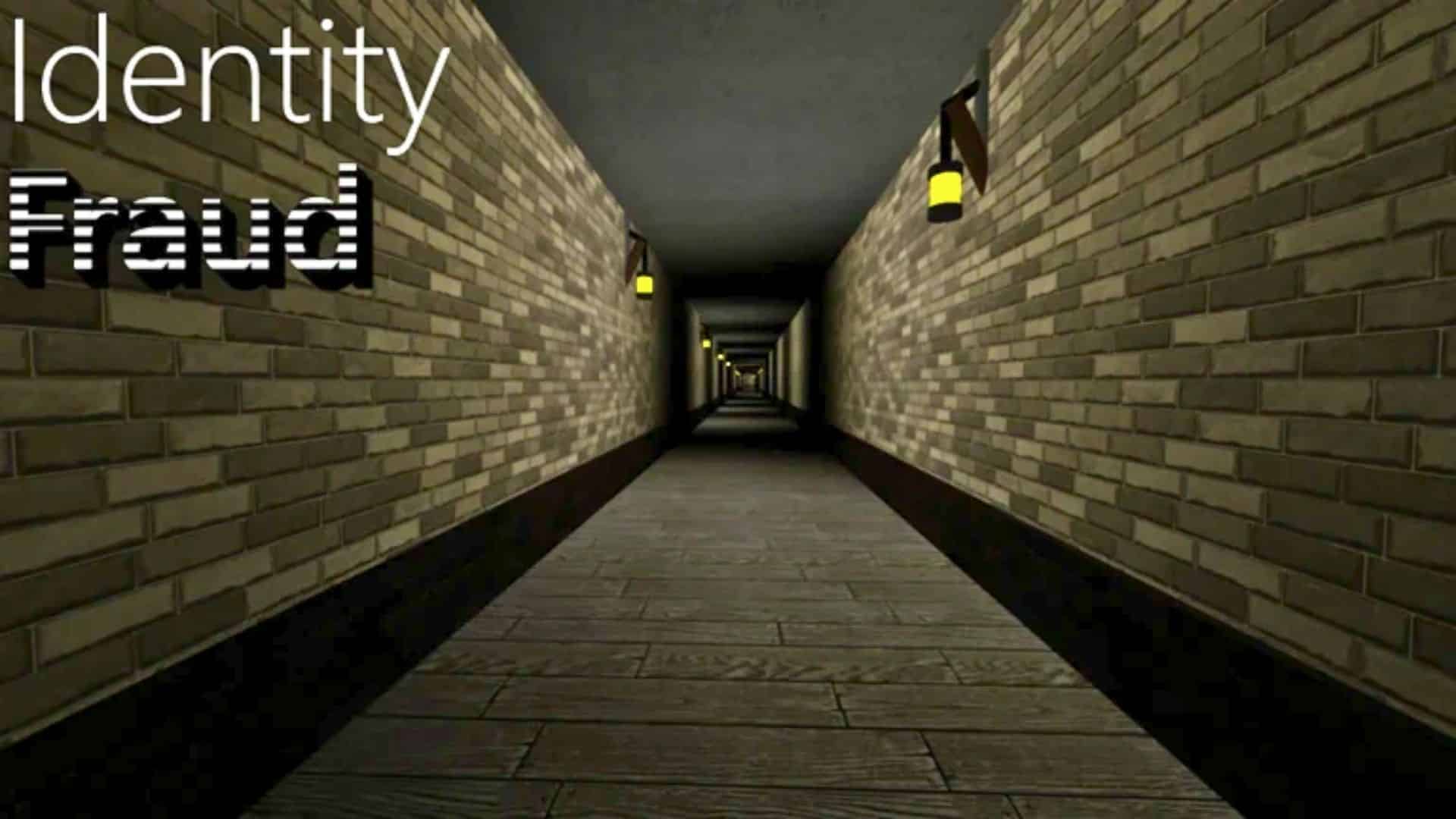 Long brick hallway with wall-mounted lights in Roblox horror game Identity Fraud