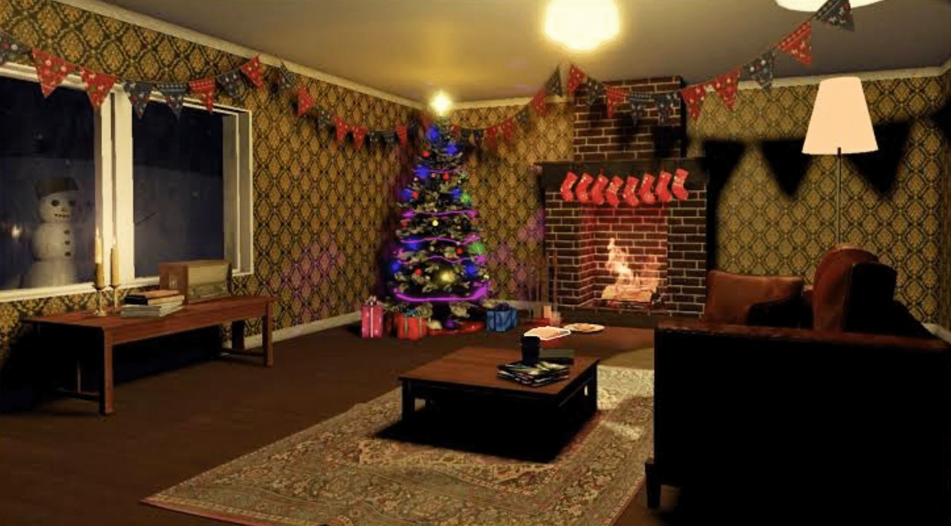 Roblox horror game room with fireplace, Christmas tree, couch, and decorated interior