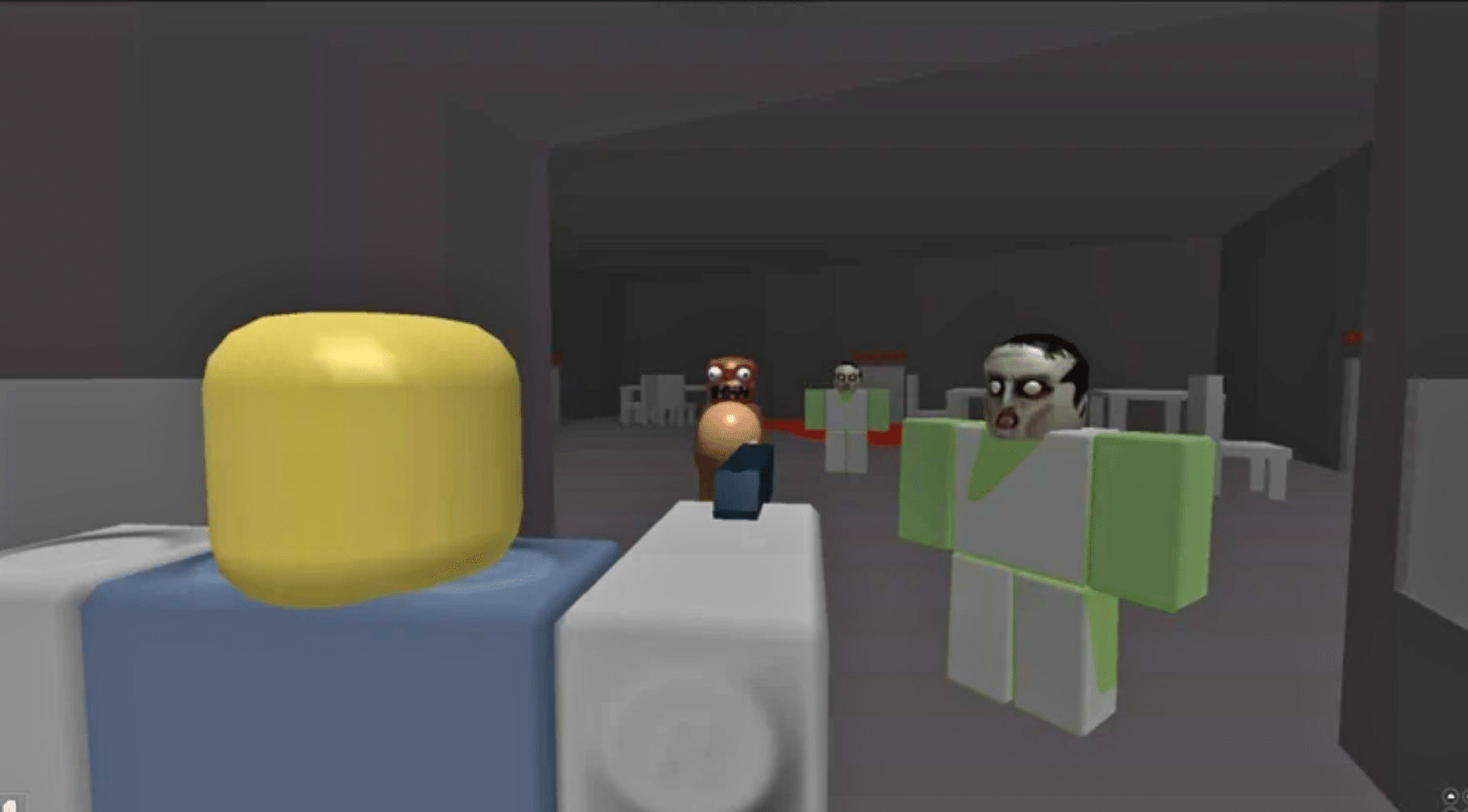Roblox player facing several zombie-like enemies inside a dark room in Contamination