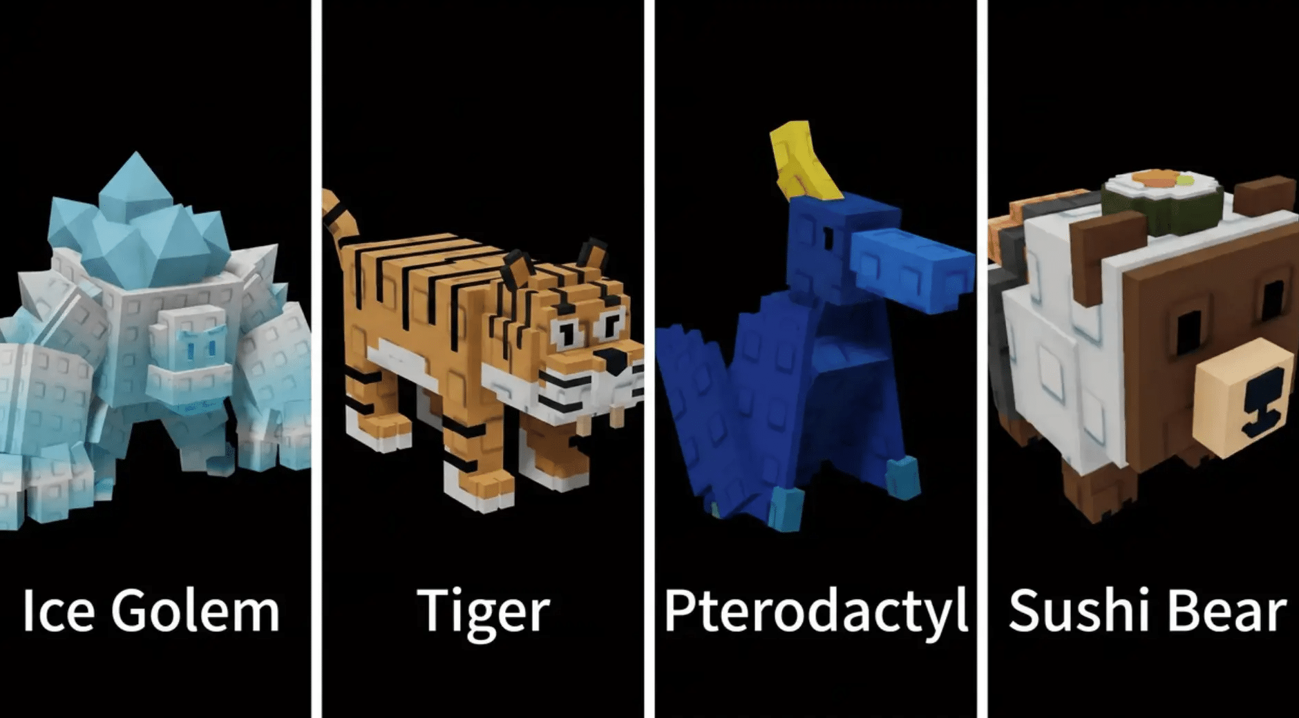 Ice Golem, Tiger, Pterodactyl, and Sushi Bear pets from Grow a Garden on a black background.