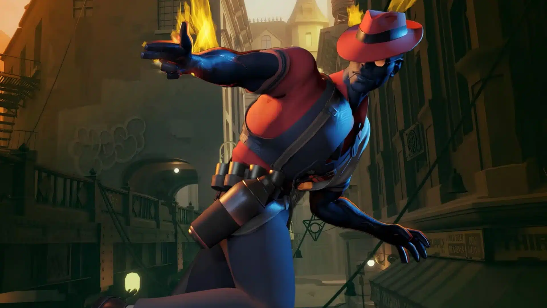 Red-hatted fighter with flaming hands leaping through a dimly lit urban street scene